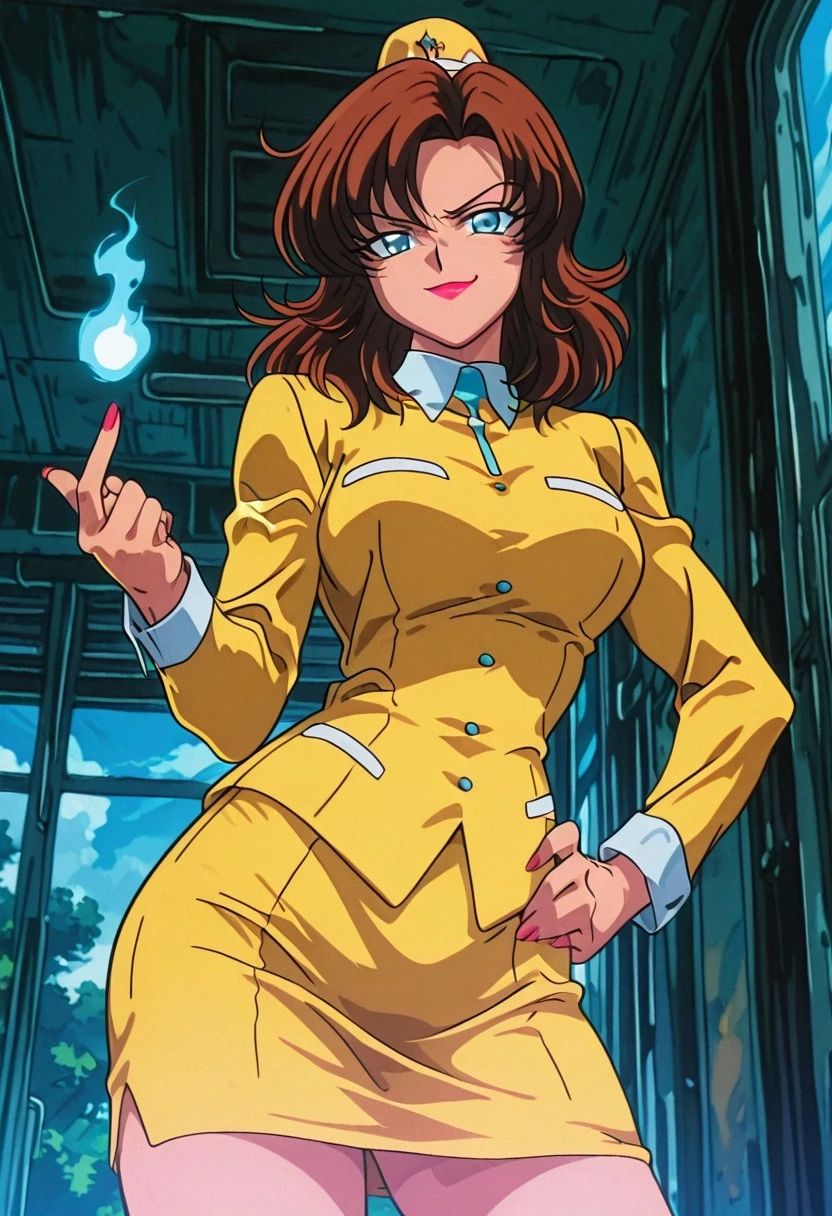 CocoLooHxH, 1girl, solo, voluptuous figure, hat, brown hair, medium hair, bangs, large eyes, blue eyes, full lips, lipstick, bus tour guide uniform, white collar, yellow jacket,  yellow pencil skirt, large breasts, thick thighs, white shoes, high heels,
masterpiece, best quality, fine details, intricate details, depth of field, subsurface scattering, bokeh, ultra-detailed, very aesthetic, detailed background, newest, scenery, highres, absurdres, colorful, vibrant, glowing, perfect face, 2d, perfect eyes,  vibrant saturated colors, volumetric lighting, sharp, detailed eyes, perfect anatomy,  perfect face, perfect eyes, mature body, clear eyes, beautiful eyes, athletic, curvy body, athletic girl, perky tits, perfect tits, round breasts, pinup pose, teasing, lustful expression, perfect hands, 
muscular female, dutch angle,  dynamic pose,
upper body, standing, contrapposto, hand on hip, beckoning, come hither, hand up, head tilt, chin up, taunting, glowing eyes, facing viewer, looking at viewer, glaring at viewer, arrogant, devilish, evil grin
,Smooth Negative, Smooth_Quality, 
90s_anime_aesthetic, 1990s (style), retro, retro artstyle,dark_fantasy_style, dark fantasy, retro,