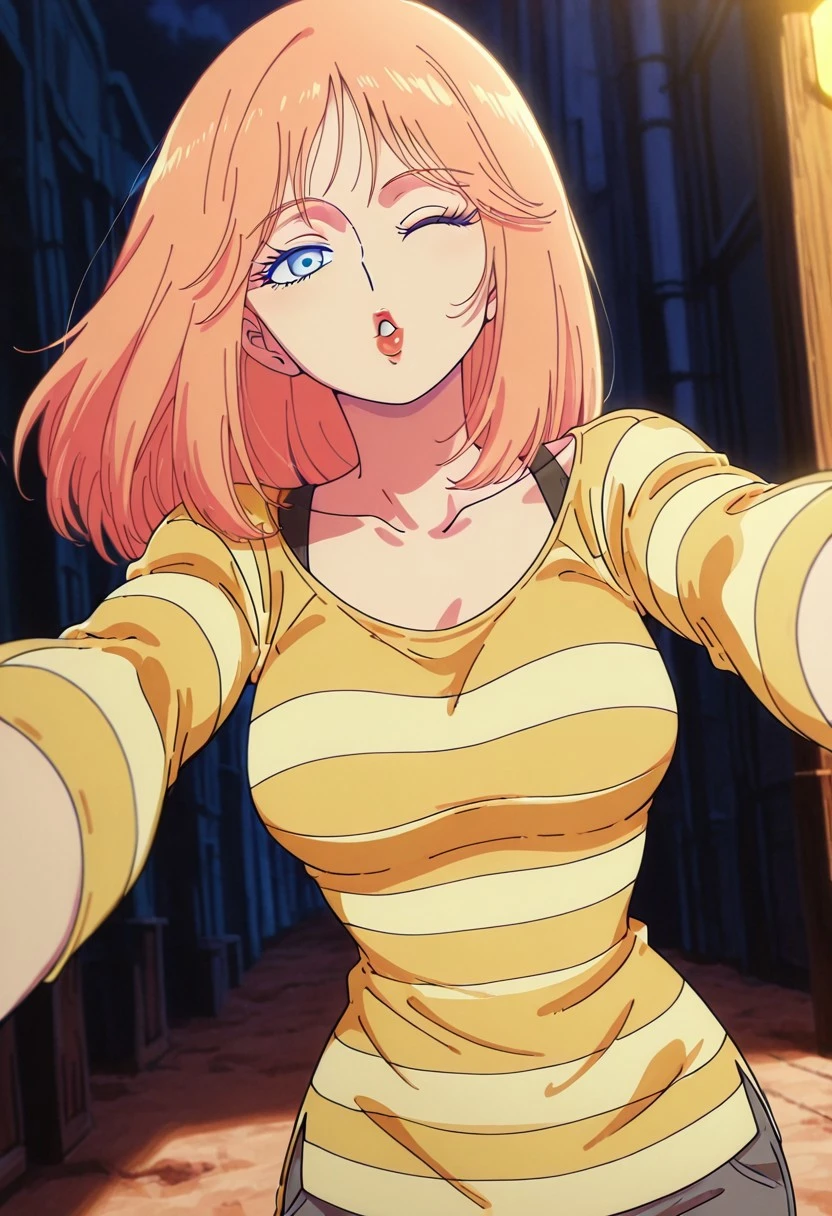FlareMS, 1girl, solo, pale orange hair, long hair, bangs, pale blue eyes, lips, large breasts, thick thighs, collarbone, yellow striped shirt, grey pants, boots,
masterpiece, best quality, fine details, intricate details, depth of field, subsurface scattering, bokeh, ultra-detailed, very aesthetic, detailed background, newest, scenery, highres, absurdres, colorful, vibrant, glowing, perfect face, 2d, perfect eyes, vibrant saturated colors, volumetric lighting, sharp, detailed eyes, perfect anatomy, perfect face, perfect eyes, mature body, clear eyes, beautiful eyes, athletic, curvy body, athletic girl, perky tits, perfect tits, round breasts, pinup pose, teasing, lustful expression, perfect hands,
muscular female, dutch angle, dynamic pose,
unique pose, girl focus, posing,one eye closed, , facing viewer, upper body, straight-on, pov, running towards viewer, (reaching towards viewer, :1.2), (outstretched arms, :1.2), looking at viewer, facing viewer, half-closed eyes, (seductive gaze, horny), makeup, , thick lips, red lips, lipstick, incoming kiss, puckered lips, parted lips, (excited, :1.2), (cheerful, :1.2)
,Smooth Negative, Smooth_Quality,
dark_fantasy_style, dark fantasy, retro,