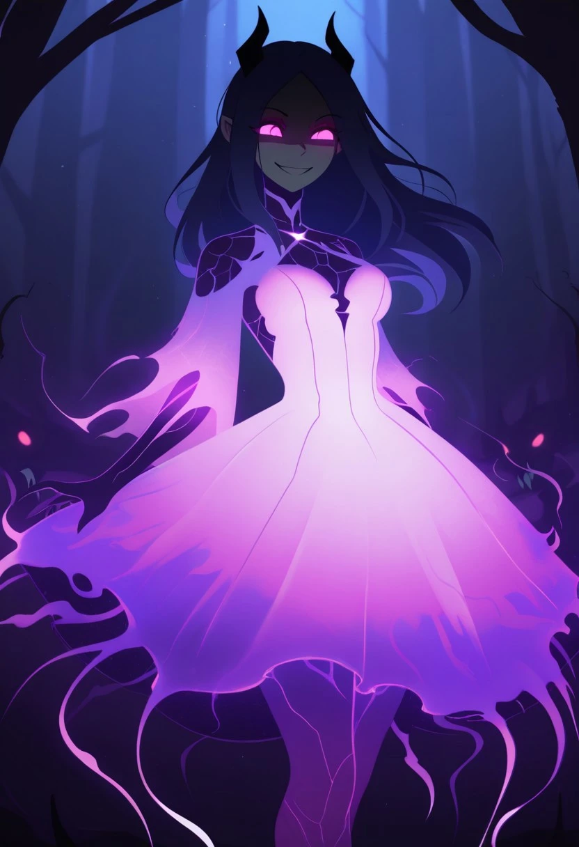 dariacohen_XL, flat color, bold outlines, shaded face, glowing eyes, red eyes, evile smile, gums, 1girl, horned, swamps, luminescent blue hair, purple eyes, ethereal glowing dress, long hair, night, white glow, no lineart ,masterpiece,best quality,amazing quality,