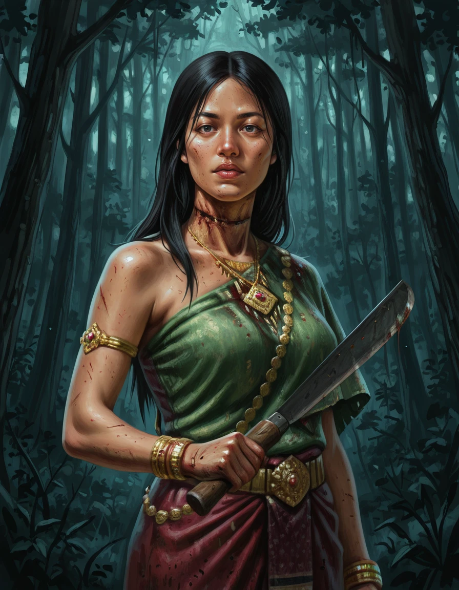 1girl, solo, jewelry, forest, nature, black hair, bracelet, blood, realistic, long hair, weapon, necklace, knife, armlet, tree, holding, holding weapon, lips, bloody neck, deep wound neck, gore, deep cut neck, machete, krasue<lora:The_Krasue_-_Burong_Sukapat_Dead_by_DaylightIIIustrious:1>