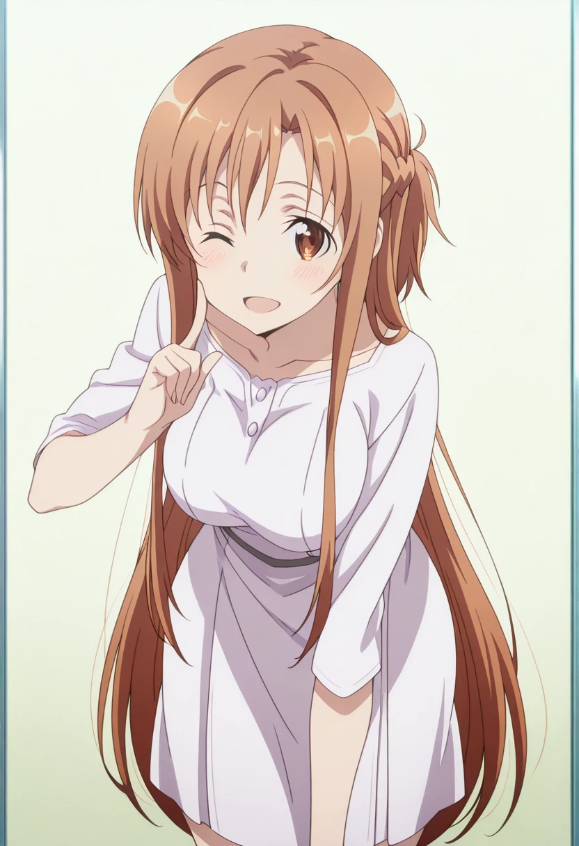 masterpiece, best quality, amazing quality,, <lora:asuna-yuuki-s1-illustriousxl-lora-nochekaiser:1>, asuna yuuki, asuna (sao), long hair, brown hair, brown eyes, very long hair, mature female, , anime screencap, <lora:alyas-finger-to-cheek-illustriousxl-lora-nochekaiser:1>, finger to cheek, solo, looking at viewer, blush, smile, open mouth, standing, one eye closed, hand up, leaning forward, index finger raised,, , ,