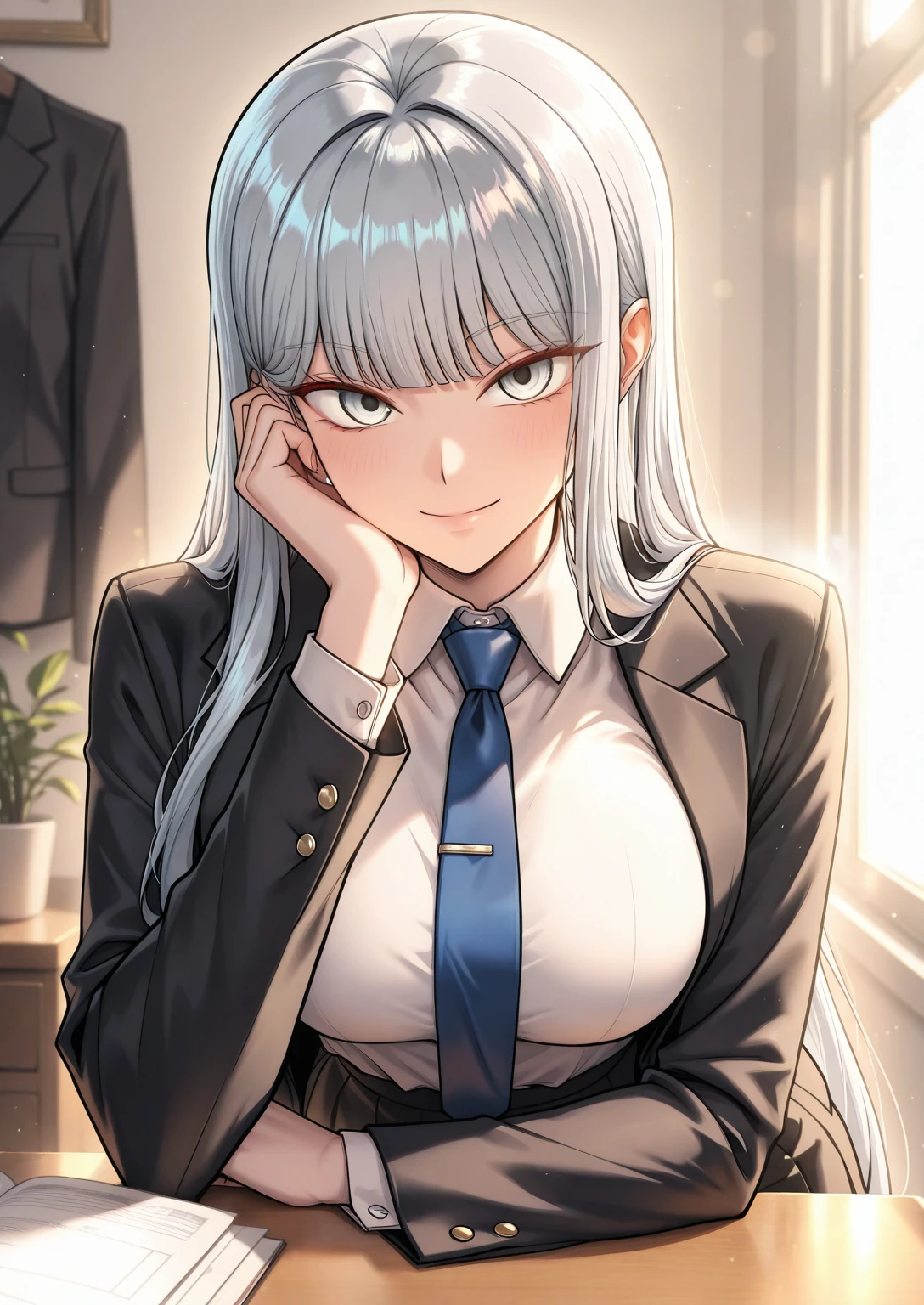 1girl, solo, bedroom, leaning on desk, hand on cheek, looking at viewer, smile, closed mouth
BREAK
<lora:Serenade-000008:0.8>, Serenade, silver hair, long straight hair, grey eyes, blunt bangs, white shirt, blue tie, black blazer, black skirt, black tights
<lora:illustriousXLv01_stabilizer_v1.165c:0.5>, <lora:cfg_scale_boost:0.5>, <lora:Hata4564:0.25>, masterpiece, best quality, amazing quality, very aesthetic, absurdres, newest,