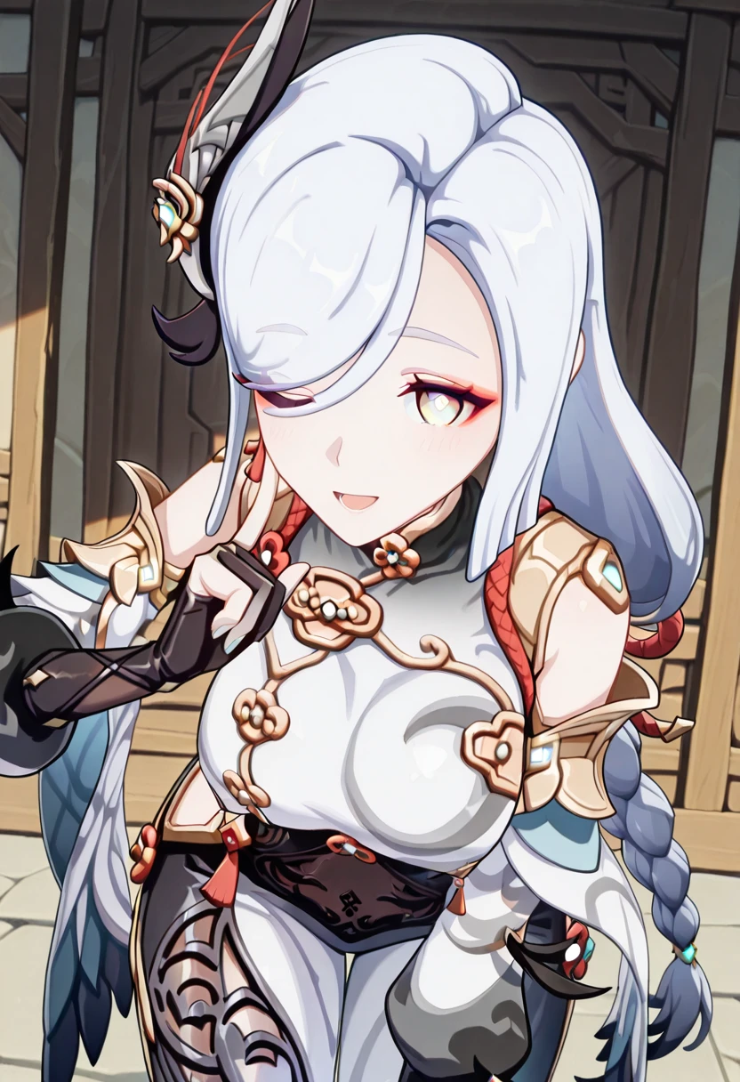 masterpiece, best quality, amazing quality,, <lora:shenhe-ingame-illustriousxl-lora-nochekaiser:1>, shenhe, shenhe (genshin impact), blue eyes, braided ponytail, earrings, eyelashes, eyeliner, eyes visible through hair, eyeshadow, hair between eyes, makeup, red eyeshadow, sidelocks, single earring, symbol-shaped pupils, tassel, tassel earrings, white hair, long hair, mature female, large breasts, 3d,, <lora:alyas-finger-to-cheek-illustriousxl-lora-nochekaiser:1>, finger to cheek, solo, looking at viewer, blush, smile, open mouth, standing, one eye closed, hand up, leaning forward, index finger raised,, , ,