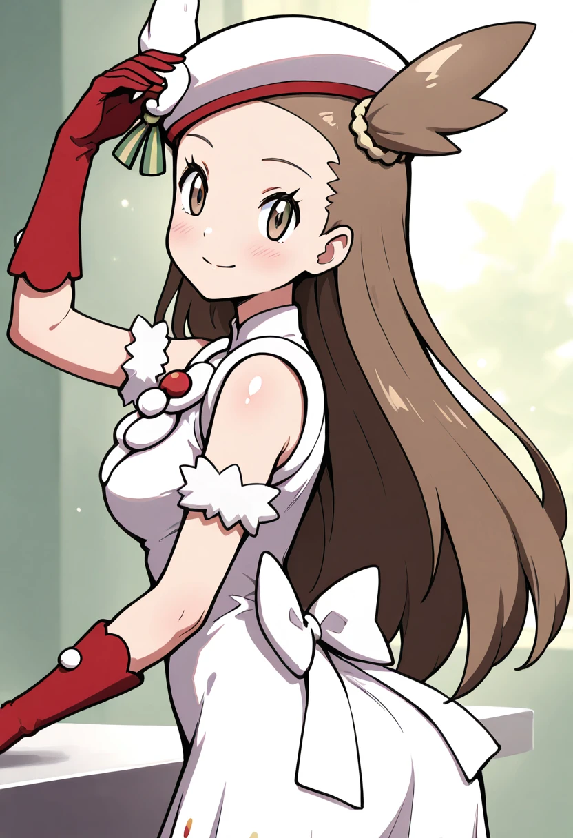 masterpiece, best quality, solo, curvy, beautiful eyes, narrow waist, wide hips, 1girl, solo, smile, looking at viewer,  zzJasmine, brown eyes, brown hair, long hair, one side up,  sleeveless dress, white dress, white headwear, red gloves,  <lora:JasmineHoliday2022Pokemon_IXL_dataset:1.0>,  side view, ass, leaning forward, cowboy shot, smile, looking at viewer, shiny skin,