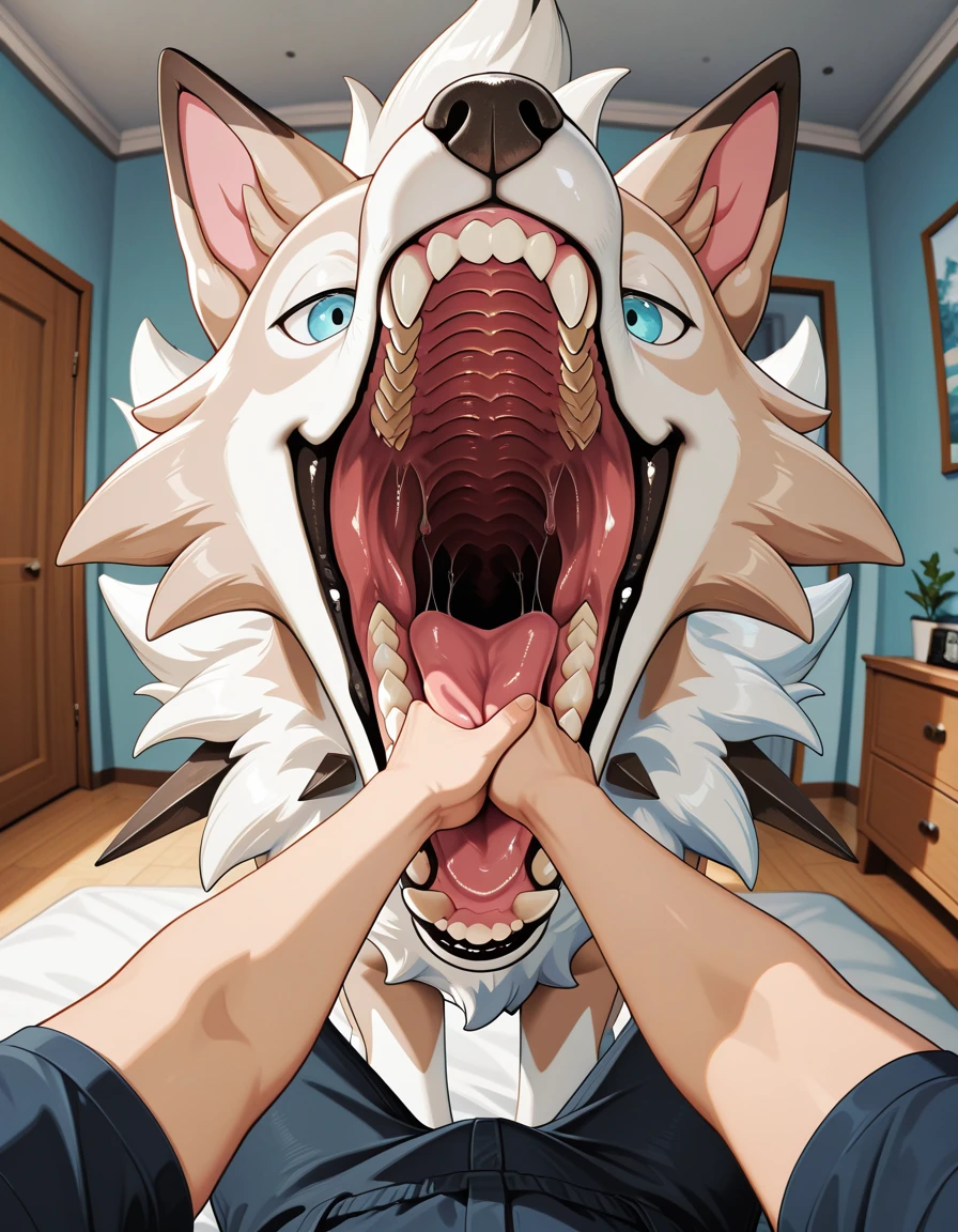 vore_mawplay, midday lycanroc, midday lycanroc pred, feral, feral pred, pov, first person view, human, human prey, bedroom, masterpiece, best quality, high quality, absurdres, highres, incredibly absurdres, newest, amazing quality