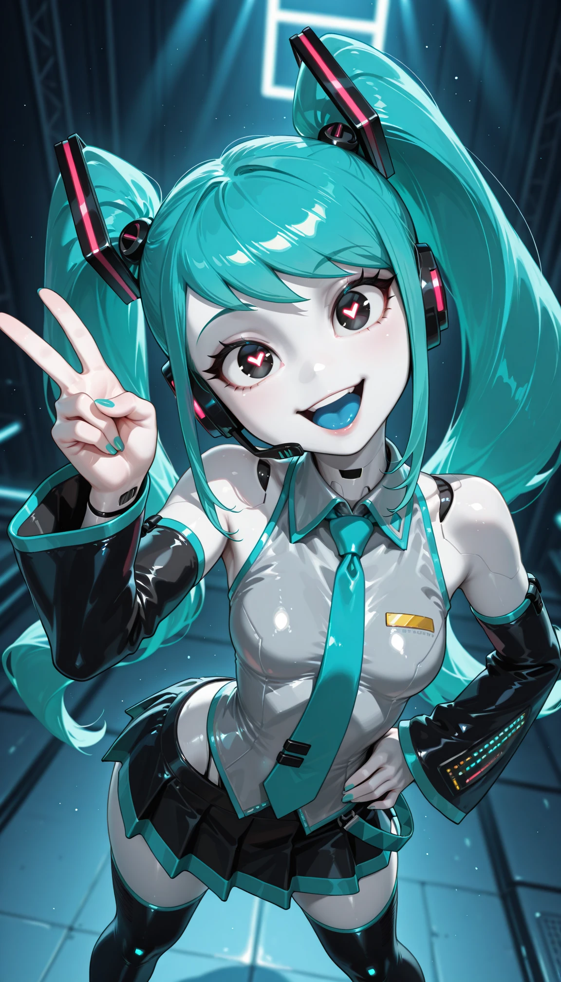 masterpiece, best quality, amazing quality, 4k, very aesthetic, high resolution, ultra-detailed, absurdres, newest, scenery, mature face, sharp face, long face, cartoon, dramatic light, 1girl, solo, (jenny wakeman:1.3), hatsune_miku_\(cosplay\), (robot, android, part lines:1.2), (white body, white skin, metalic skin, ceramic skin:1.2), long aqua hair, long twintails, long sidelocks, neon headset, [shiny black eyes:symbol-shaped pupils:13], bright pupils, big eyes, one eye half-closed, (no nose:1.2), open mouth, smile, blue tongue, facing up, facing to the side, looking at viewer, long hair, small breasts, collared wide detached sleeve grey shirt, wide hips, narrow waist, necktie, skirt, thighhighs, standing, posing, twisty pose, head tilt, v, one hand on hip, legs apart, from above, foreshortening, face focus, dutch angle, cyberpunk, stage, blue neon, spot light, fine shiny fablic emphasis, BREAK, robot white hands, fingers, eyes, extremely detailed eyes, detailed background, volumetric lighting, depth of field