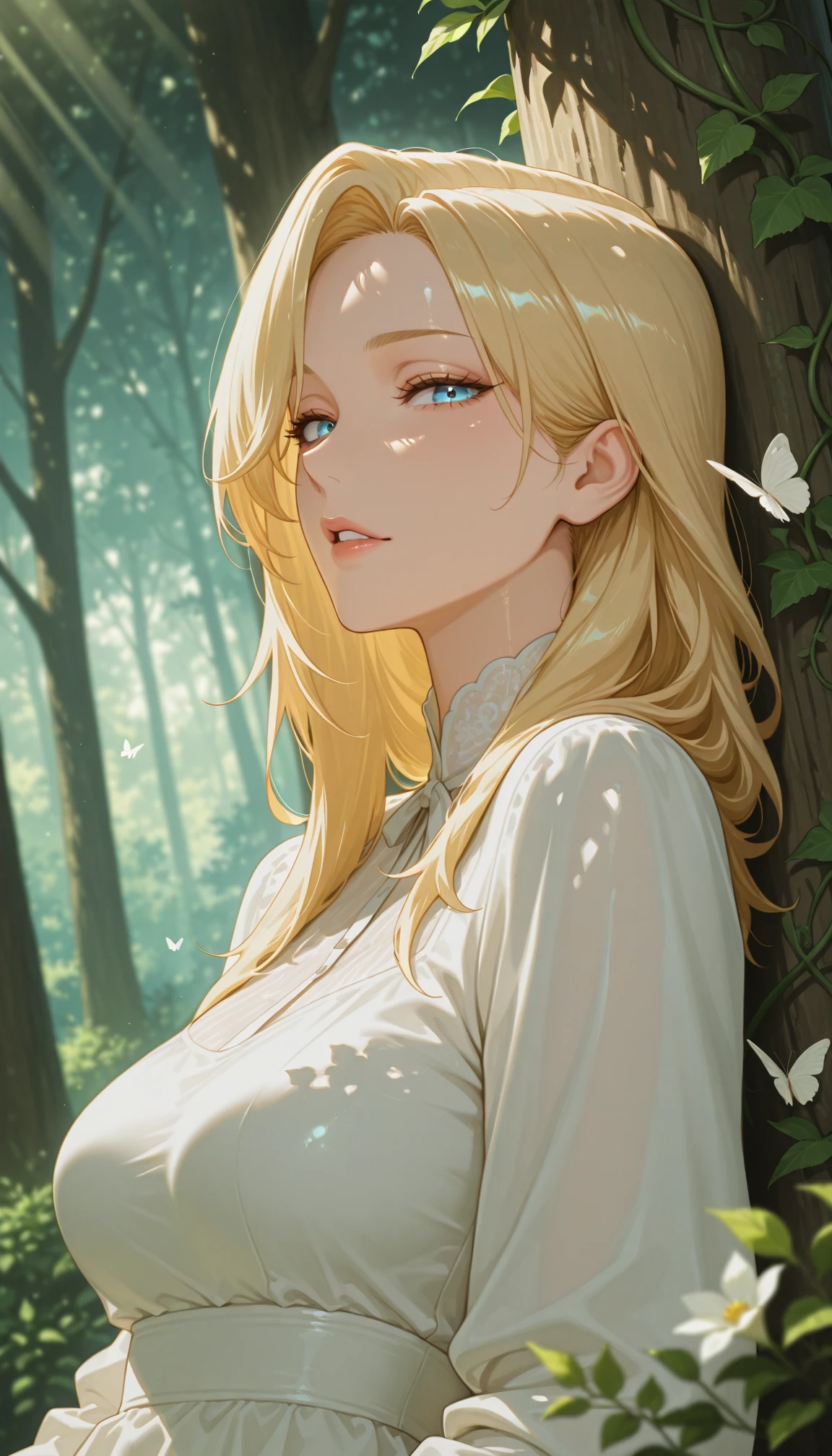 masterpiece, best quality, amazing quality, 4k, very aesthetic, high resolution, ultra-detailed, absurdres, newest, scenery, mature face, sharp face, long face, (dappled sunlight:1.2), rim light, backlit, dramatic shadow, 1girl, shiny skin, long blonde hair, blue eyes, looking at viewer, parted lips, medium breasts, puffy sleeve white dress, arms, leaning back against tree, upper body, close-up, dutch angle, vines, green, forest, flowers, white butterfly, BREAK, dramatic shadow, depth of field, vignetting, volumetric lighting