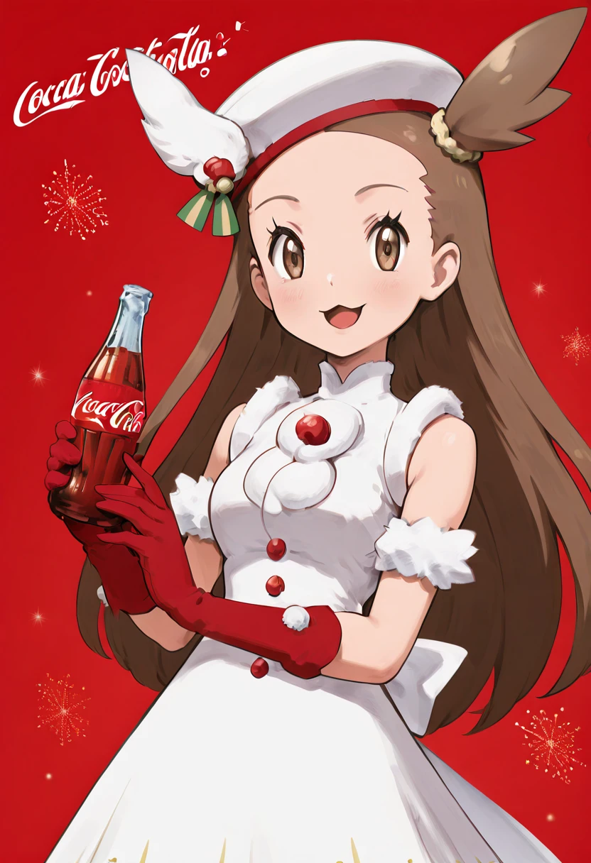masterpiece, best quality, solo, curvy, beautiful eyes, narrow waist, wide hips, 1girl, solo, smile, looking at viewer,  zzJasmine, brown eyes, brown hair, long hair, one side up,  sleeveless dress, white dress, white headwear, red gloves,  <lora:JasmineHoliday2022Pokemon_IXL_dataset:1.0>,  ,smile, open mouth,  upper body, :3,  CocaColaSanta, solo, holding, bottle, red background, <lora:CocaColaSantaIXL_v2:1.0>,