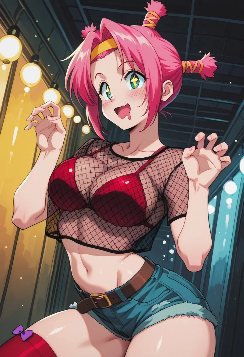 MenchiHxH, 1girl, solo, bright pink hair, hair ornament, yellow headband, bangs, large eyes, green eyes,  bikini top, mesh shirt, large breasts, navel, midriff, groin, belt, short denim shorts with a faded blue tint and fringe at the edges, thick thighs, high red stockings with many small purple bows, red high heels,
masterpiece, best quality, fine details, intricate details, depth of field, subsurface scattering, bokeh, ultra-detailed, very aesthetic, detailed background, newest, scenery, highres, absurdres, colorful, vibrant, glowing, perfect face, 2d, perfect eyes,  vibrant saturated colors, volumetric lighting, sharp, detailed eyes, perfect anatomy,  perfect face, perfect eyes, mature body, clear eyes, beautiful eyes, athletic, curvy body, athletic girl, perky tits, perfect tits, round breasts, pinup pose, teasing, lustful expression, perfect hands, 
muscular female, dutch angle,  dynamic pose,
 shiny, gloss, claw pose, mouth drool, blush, + +, glowing eyes, mouth drool, blush, leaning forward, open mouth, tongue slightly out, arched back to push breasts outward, drool on lips, 
,Smooth Negative, Smooth_Quality, 
90s_anime_aesthetic, 1990s (style), retro, retro