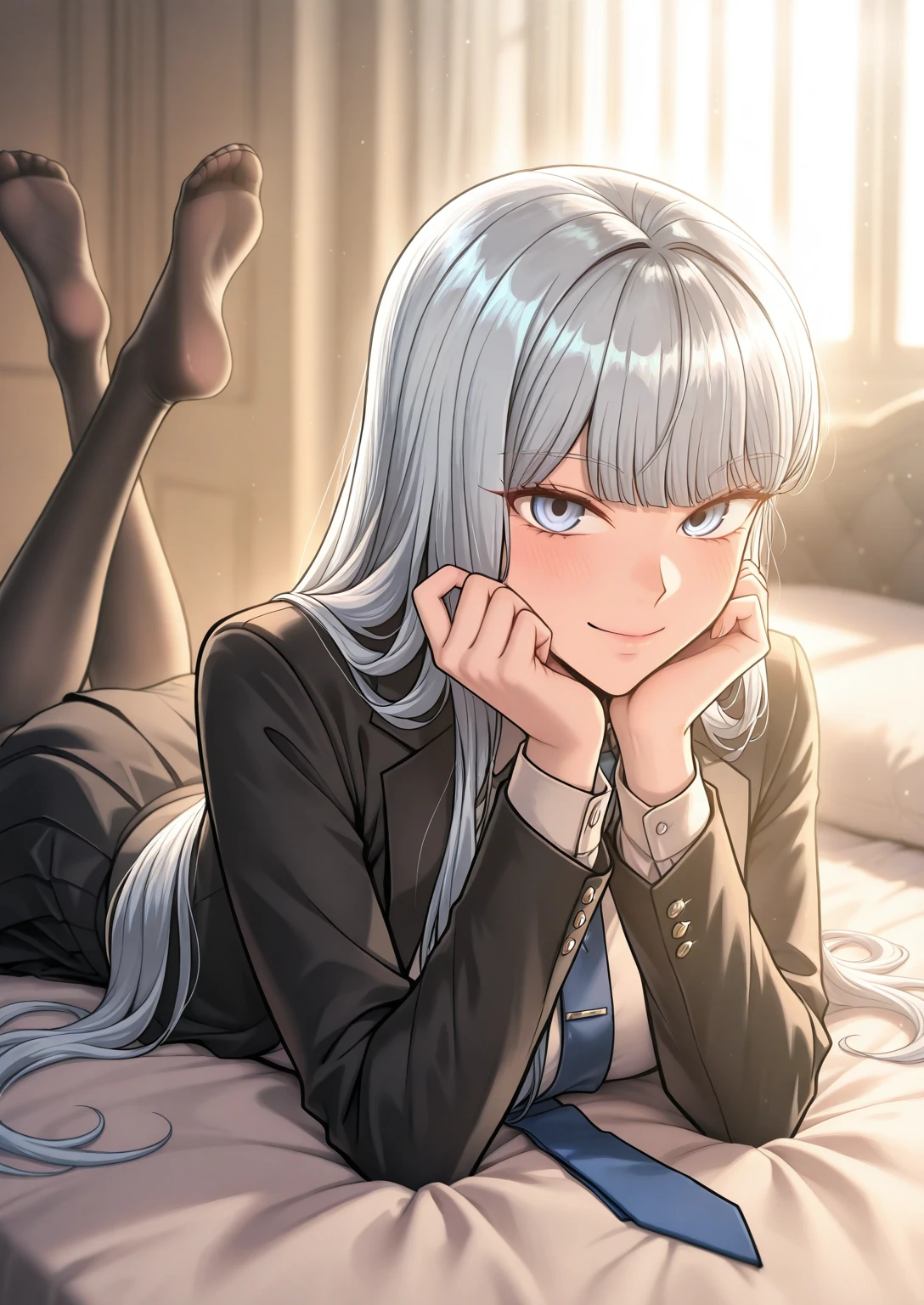 1girl, solo, bedroom, lying on stomach on bed, feet up, hands under chin, looking at viewer, smile, closed mouth
BREAK
<lora:Serenade-000008:0.8>, Serenade, silver hair, long straight hair, grey eyes, blunt bangs, white shirt, blue tie, black blazer, black skirt, black tights
<lora:illustriousXLv01_stabilizer_v1.165c:0.5>, <lora:cfg_scale_boost:0.5>, <lora:Hata4564:0.25>, masterpiece, best quality, amazing quality, very aesthetic, absurdres, newest,