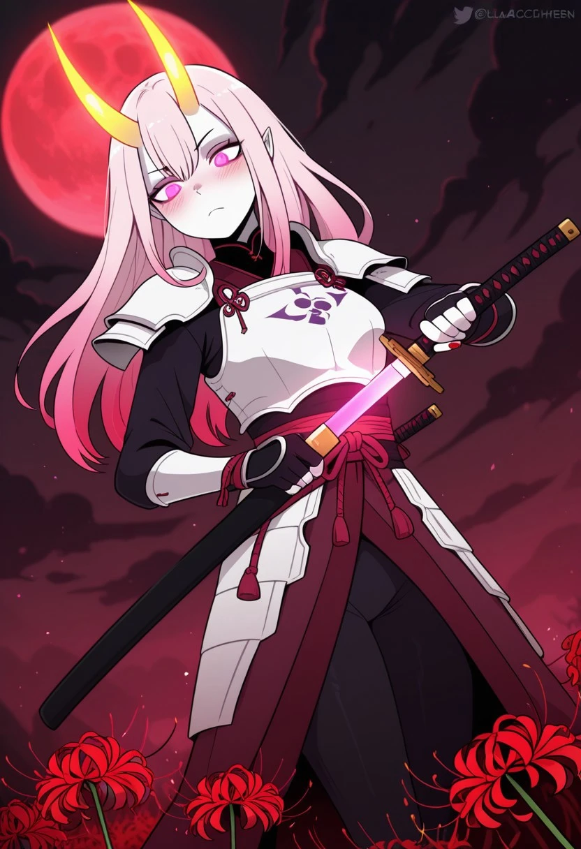 dariacohen_XL, flat color, (masterpiece, best quality, amazing quality, very awa, newest, very aesthetic, ultra-detailed, absurdres, 8k), 1girl, oni girl, (pink hair, gradient hair:1.2), long hair, straight hair, (yellow horns, glowing horns), pink eyes, glowing eyes, samurai armor, white armor, (serious expression, resolute, head tilt, blush) BREAK dynamic pose, dynamic view, dutch angle, (maroon theme, red theme, dark theme, rosy colors, yellow colors, pink colors), night sky, red moon, dark clouds, spider lilies, detailed background, clear background structure, clean background, soft lighting, volumetric lighting, soft shading, glowing particles, bokeh BREAK battle stance, katana, holding sword, unsheathing, holding objective, glowing sword BREAK ultra-detailed eyes, detailed pupils, high gradient eyes, eye reflection, detailed clothes, fine fabric emphasis, soft skin texture, red nails, pale skin, soft pink skin, (body blush), (masterpiece:1.4, best quality:1.4, amazing quality, very awa, newest, very aesthetic:1.4, ultra-detailed, absurdres, 8k), cabstl