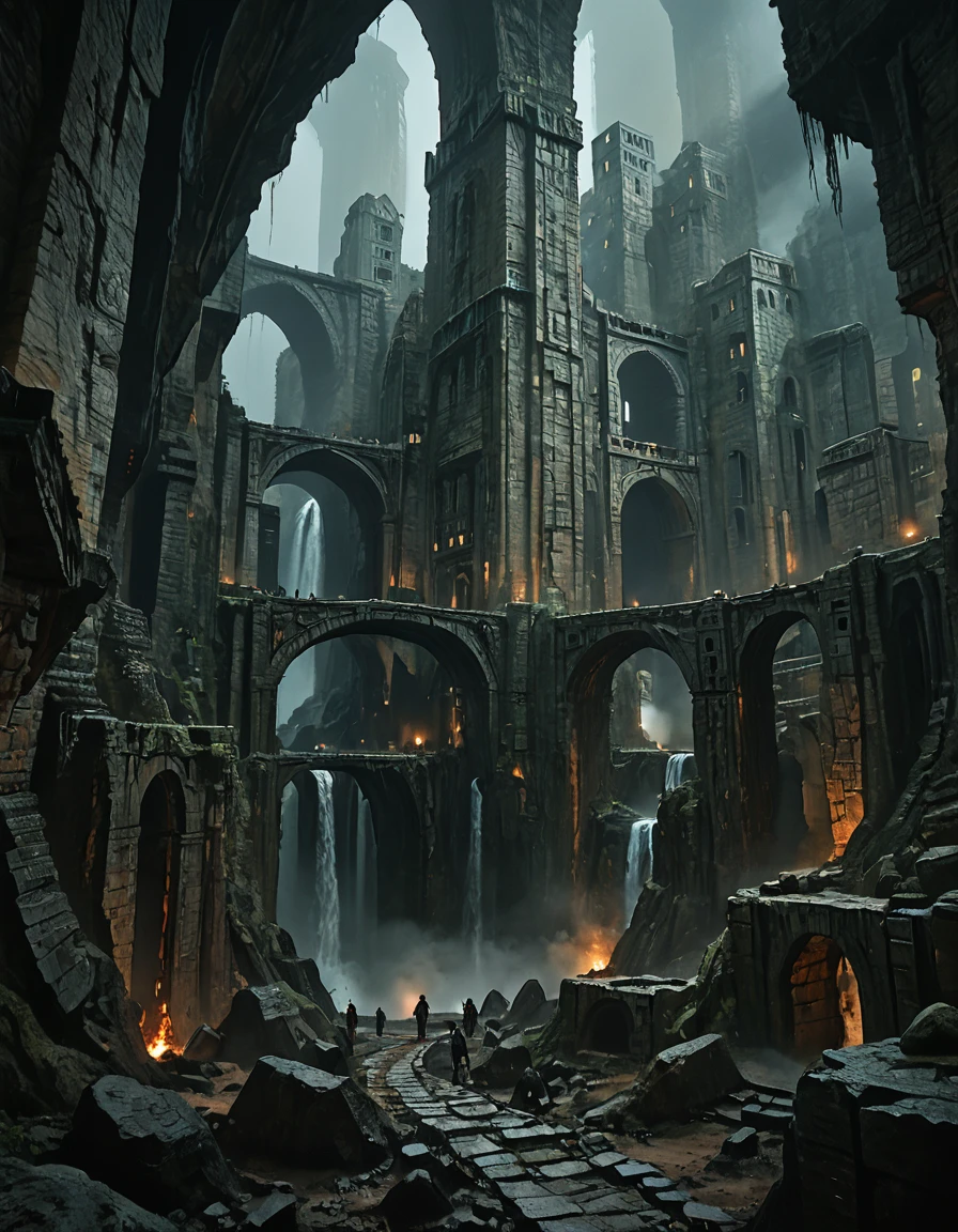 <lora:MW_Dwarven_p1_pony:1> MWD01D, masterpiece, absurdres, 8k, insanely detailed, sharp focus, pitch black, very dark, dwarven city, in a huge dark underground carvern, old bridges, old worn dusty stone path, cracked rocky walls, distant waterfall, faint torches, low angle view, ancient rocky dwarven architecture, dusty, foggy very high ceiling, lost forgotten ambiance, dwarfs walking in the mist, numerous rocks of various shapes and size on each side, lots of mist, multi levels,