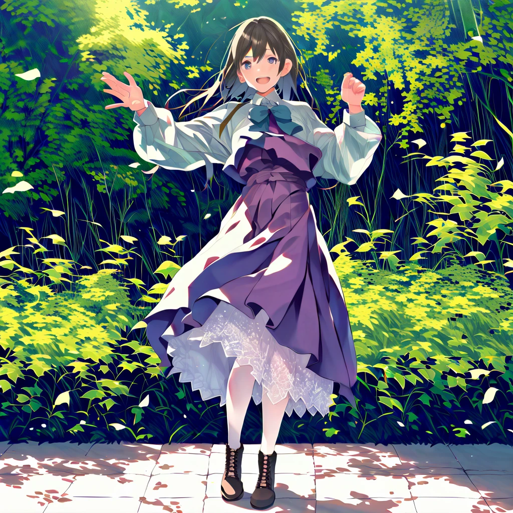 (zPDXL2),score_9,score_8_up,score_7_up,source_anime,1girl,solo,(merrow),happy,looking at viewer,
alternate_costume,shirt,bowtie,long_sleeves,dress,pantyhose,halterneck,boots,cross-laced_footwear,purple_dress,<lora:KiyoshimoPony:0.8>,<lora:merrow_pony_v1:1>,