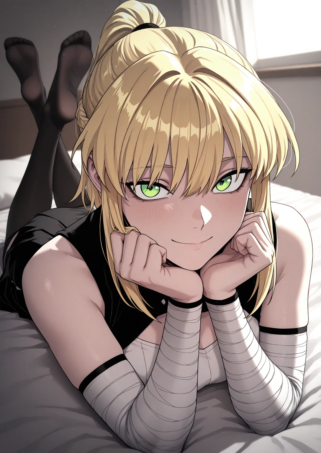 1girl, solo, bedroom, lying on stomach on bed, feet up, hands under chin, looking at viewer, smile, closed mouth
BREAK
<lora:Candentia:0.8>, Candentia, blonde hair, ponytail, green eyes, sleeveless black top, fitted white outfit, white bandages, black skirt, black stockings, 
<lora:illustriousXLv01_stabilizer_v1.165c:0.5>, <lora:cfg_scale_boost:0.5>, <lora:Hata4564:0.25>, masterpiece, best quality, amazing quality, very aesthetic, absurdres, newest,