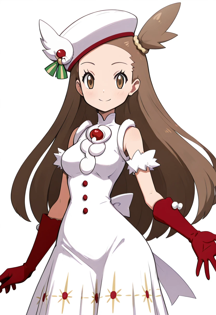 masterpiece, best quality, solo, curvy, beautiful eyes, narrow waist, wide hips, 1girl, solo, smile, looking at viewer, zzJasmine, brown eyes, brown hair, long hair, one side up, sleeveless dress, white dress, white headwear, red gloves, <lora:JasmineHoliday2022Pokemon_IXL_dataset:1.0>, , smile, looking at viewer, cowboy shot, <lora:HaradaTakehitoIXL_v3:0.8>, <lora:ZankuroIXLLight_v2:0.3>,