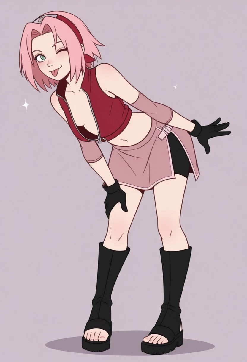 dariacohen_XL, flat color, haruno sakura, one eye closed, :P, black gloves. revealing, collarbone, midriff, navel, bent over, looking at viewer, slender body, slightly open top, red sleeveless top, zipper pull tab, pink elbow protectors, pink skirt, black bike shorts, black toeless boots, solo, 1girl,,,masterpiece,best quality,amazing quality,