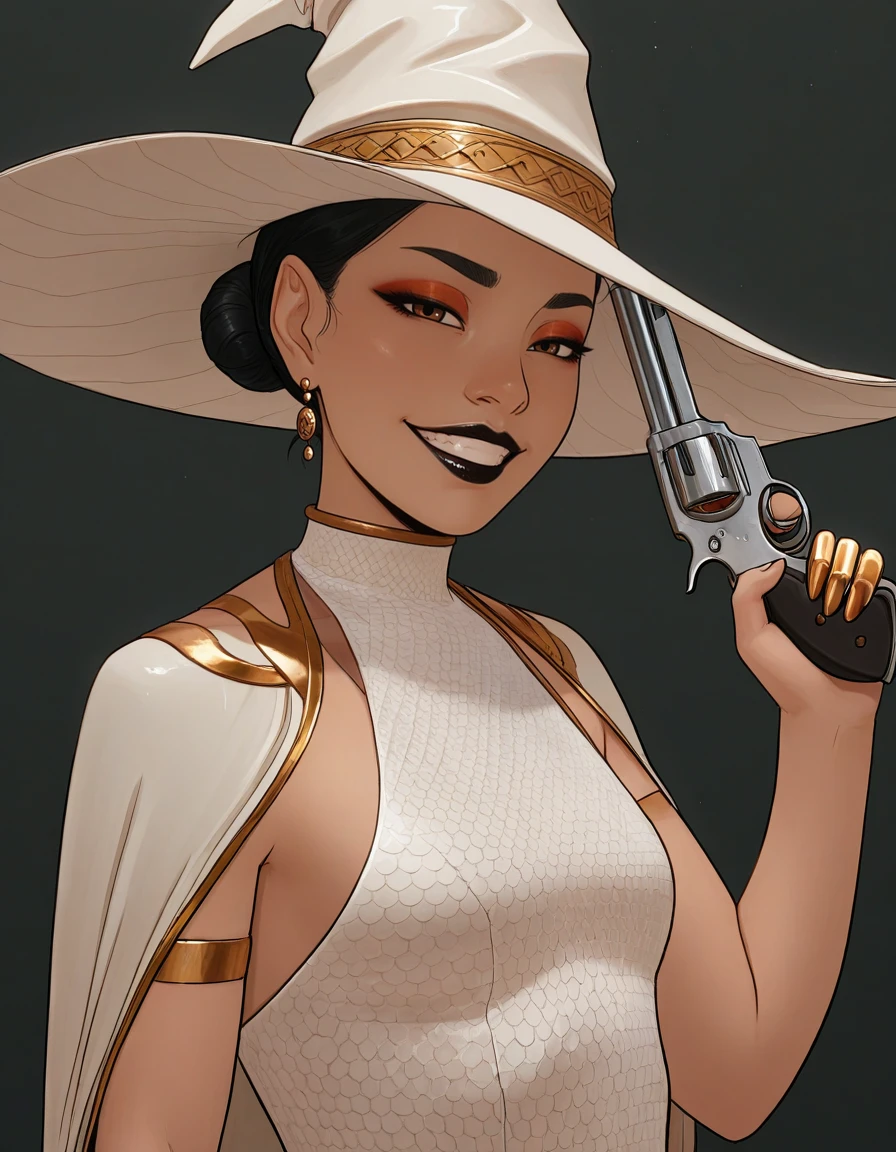 <lora:Utility_-_Detail_Enhancer_by_BSS_v2:0.75>, <lora:Utility_-_Visual_Enhancer_by_BSS:0.75>, 1girl, detailed_hand, elegant_fingers, hand up, witch hat, holding revolver, intricate metal craftsmanship, looking at viewer, narrowed eyes, smug, grin , sk3m4nt1s, flat color, <lora:Artist_Style_-_Like_Skemantis_ep10_by_ME_ILXL:0.7>,, (masterpiece, best quality, ultra-detailed, absurdres, newest, detailed textures, correct anatomy:1),, <lora:ILCyberHanako:0.7>, CyberHanako, black hair, brown eyes, mechanical eye, small breasts, mechanical eye, hair bun, earrings, jewelry, hair ornament,  makeup, gold lines on shoulders, [ black | crimson ] lipstick, eyeshadow, <lora:Utility_-_Race_and_Ethnicity_Helper_ILXL_v3.3:0.5>, asian_japanese