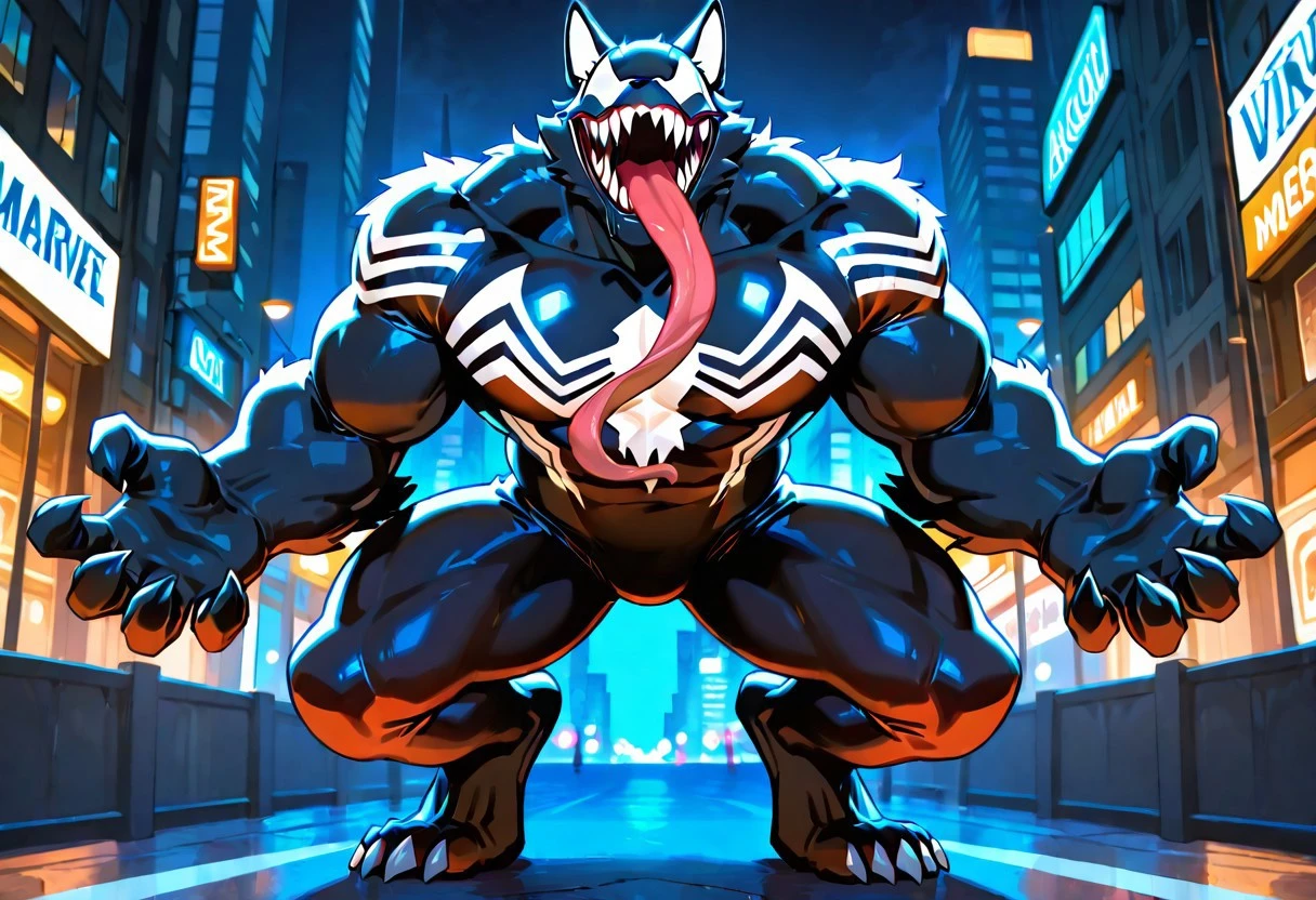 ultimatevenom/(marvel)/, bodysuit, blacksuit, mouth, spiderprint, whiteprint, muscular, 1boy, solo, sharp teeth, monsterboy, long tongue,
ArgoIL, solo, male, anthro, wolf, muscular, bara, claws, paws, venom face,
front view, superhero pose,
4k, best quality, highly detailed, lights details, high resolution, high quality, perfect quality
masterpiece, best quality, amazing quality, very aesthetic, highres, absurdres
night, city,
4k, best quality, highly detailed, lights details, high resolution, high quality, perfect quality, vivid color, vibrant, highly detailed,