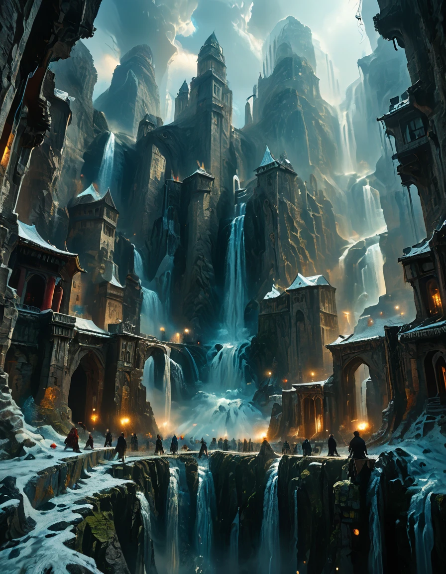 <lora:MW_Dwarven_p1_pony:1> MWD01D, masterpiece, absurdres, 8k, insanely detailed, sharp focus, from low angle view, waterfall, cloudscape, white, mountains, bokeh, medieval detailed architecture, darkness, surreal