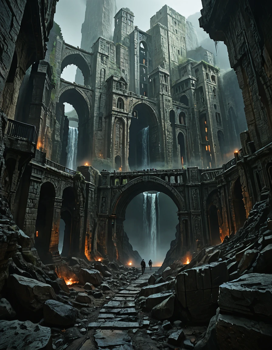 <lora:MW_Dwarven_p1_pony:1> MWD01D, masterpiece, absurdres, 8k, insanely detailed, sharp focus, pitch black, very dark, dwarven city, in a huge dark underground carvern, old bridges, old worn dusty stone path, cracked rocky walls, distant waterfall, faint torches, low angle view, ancient rocky dwarven architecture, dusty, foggy very high ceiling, lost forgotten ambiance, dwarfs walking in the mist, numerous rocks of various shapes and size on each side, lots of mist, multi levels,