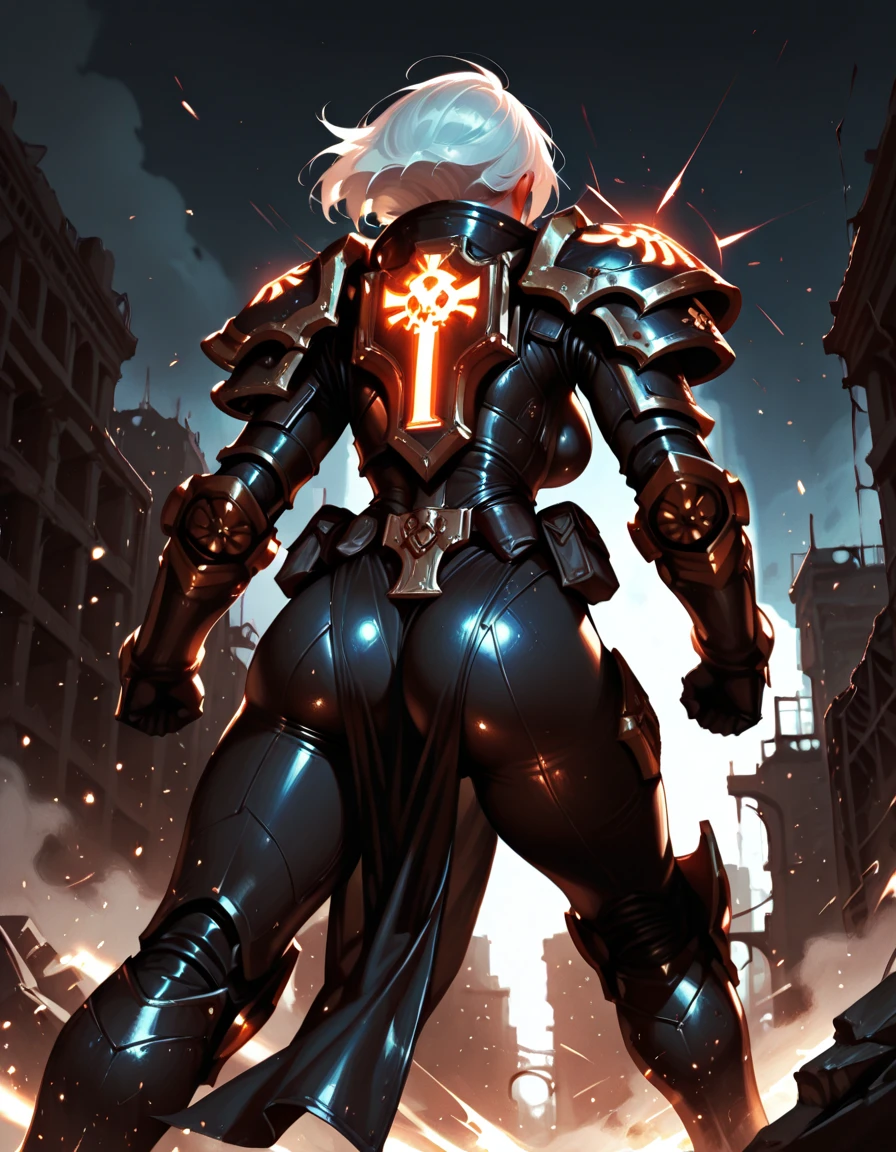 masterpiece,  best quality, 1girl, solo, absurdres, 
large breasts, 
sobattledg, white hair,
armor, shoulder armor, pelvic curtain, tabard, power armor,
from behind, from below, vaulting over an opponent, flipping into a kick, high-speed motion, ,
attack,  fighting stance,
ruins, science fiction, cityscape, fog, night,
glowing, light particles, blurry background,
embedding:SmoothQuality,