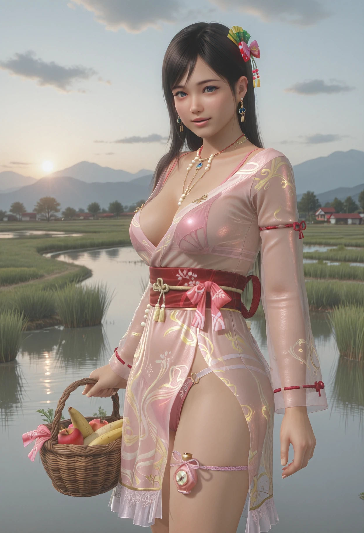 masterpiece,best quality,amazing quality,absurdres,aesthetic,newest, kokoro \(doaxvv\), grey eyes, pink lips, parted_lips,looking at viewer,smile, folding fan kanzashi, floral print hair bow, black hair, long hair, swept bangs, side-tied hair, brown hair tube, (hair behind ear), collarbone,medium_breasts, cleavage, holding basket,arm at side,carrot in basket,apple in basket,banana in basket, blue gemstone earrings, bead necklace, pink see-through kimono, plunging neckline, side slit kimono, red hollow out bra, pink bra strap, bra visible through clothes, long sleeves, see-through sleeves, ribbon-trimmed sleeves, red knot armlet, red obi, silver obijime, pink bow waist bead, red back bow, pink string panties, panty visable through clothes, pink perfume bottle thigh strap, pink leg ribbon, cowboy shot, blurry_background,depth_of_field, outdoors,mountain,water,sky,bokeh, rice paddy, rice field, paddy field, flooded field, terraced rice paddy,sunrise, morning mist, golden hour, sunset, dusk, blue hour, clear day, cloudy sky, dramatic lighting <lora:kokoro_longhair_MakeupSapone_il2_v10:0.7> <lora:kokoro_longhair_MakeupSapone_il2_v10:0.9>