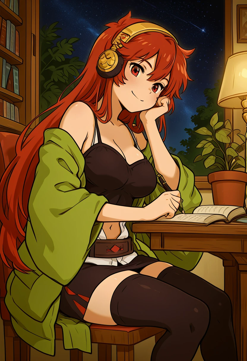 masterpiece, best quality, solo, curvy, beautiful eyes, narrow waist, wide hips, 1girl, solo, smile, looking at viewer, aged up, large breasts, zzHiita, red eyes, red hair, long hair, white shirt, open clothes, spaghetti strap, navel, thighhighs, wide sleeves, black skirt, belt, <lora:HiitaYugioh_IXL:1.0>, , zzLofi, sitting, side view, desk, chair, book, bookshelf, head rest, holding, holding pen, lamp, night, open book, pen, plant, potted plant, sky, star (sky), starry sky, window, windowsill, writing, <lora:LofiGirl_Style_IXL:0.8>,