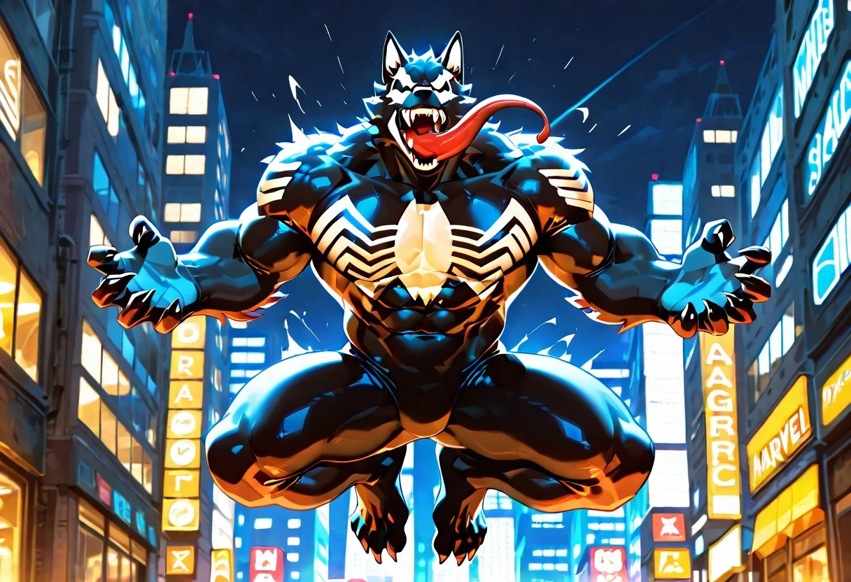 ultimatevenom/(marvel)/IL, bodysuit, blacksuit, mouth, spiderprint, muscular, 1boy, solo, sharp teeth, monsterboy, long tongue,
ArgoIL, solo, male, anthro, wolf, muscular, bara, claws, paws.
backl view, superhero pose, jumping,
masterpiece, best quality, amazing quality, very aesthetic, highres, absurdres
night, city,
4k, best quality, highly detailed, lights details, high resolution, high quality, perfect quality, vivid color, vibrant, highly detailed,