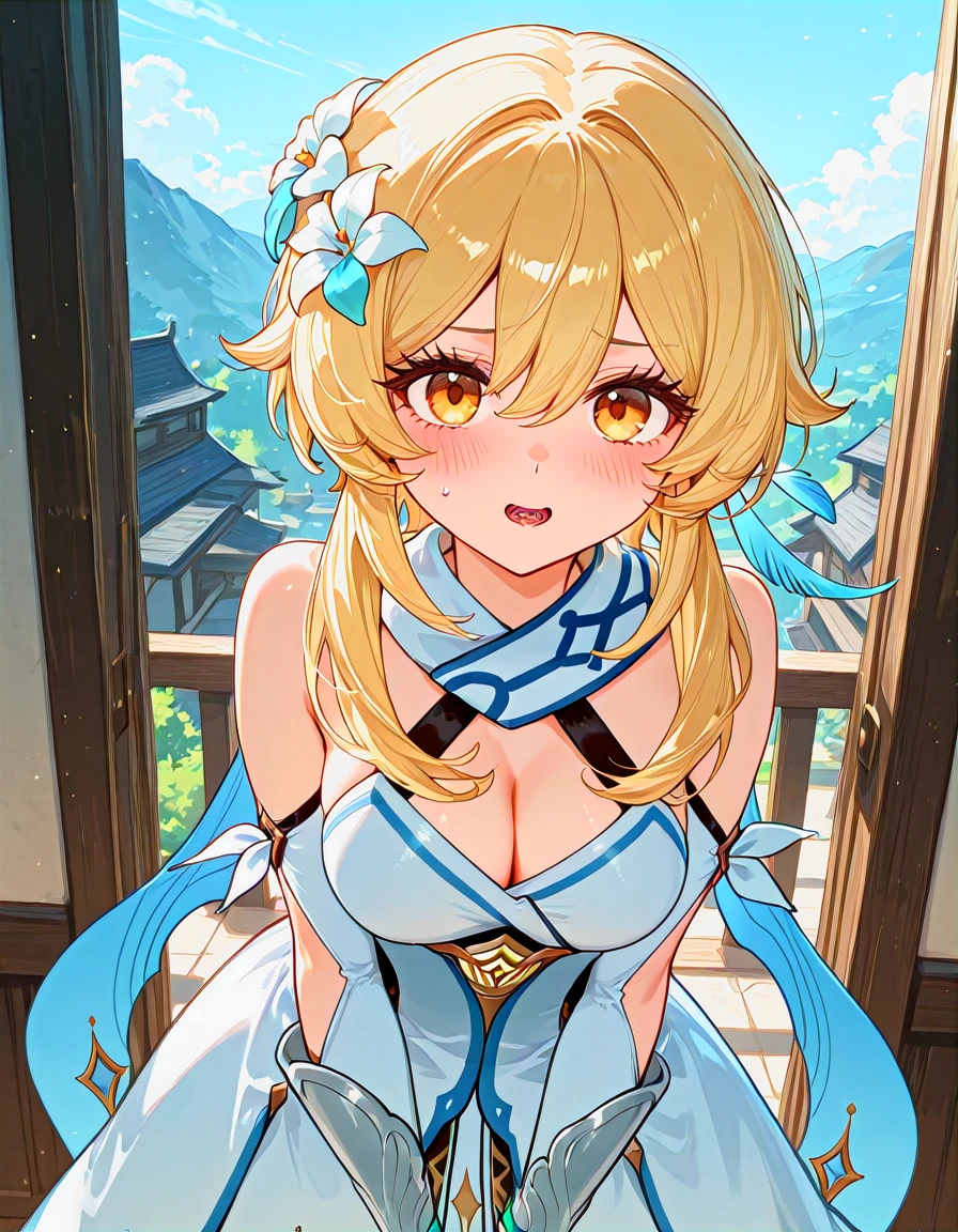 masterpiece, best quality, anime coloring, contrapposto, <lora:LECO_BadHands:1.2>, <lora:eyelashext_v10:0.6>,<lora:thick_eyelashes_nai_style_V2_dim32:0.5>, thick eyelashes, lipgloss, [photo background::0.5], blurry foreground BREAK 1girl, lumine \(genshin impact\), white dress, scarf, gloves, open mouth, looking at viewer, blush, embarrassed, <lora:yukikaze_nano_machine-05:1>, nano machine