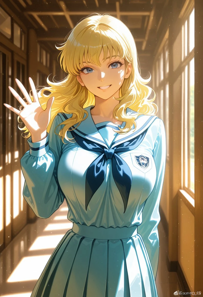 Solo,score_9, score_8_up, score_7_up, , best quality, masterpiece, full color, 1girl, long hair, blonde hair, , big breasts, dress, smile, school uniform, , , , blue eyes, , looking at viewer, in a school, sunny day, saint Seiya style ,, realistic, high quality, best quality, absurdres, joyful, waving, grin