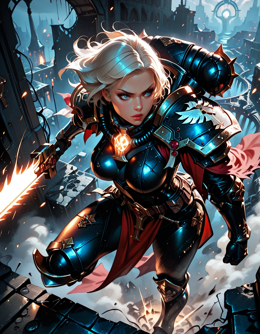 masterpiece, best quality, 1girl, solo, absurdres,
large breasts,
sobattledg,
armor, shoulder armor, pelvic curtain, tabard, greaves, power armor,
from above, summoning spectral blades to hover around, ready to attack, ,
attack, battle, fighting stance,
ruins, science fiction, cityscape, fog,
glowing, light particles, blurry background,
embedding:SmoothQuality,