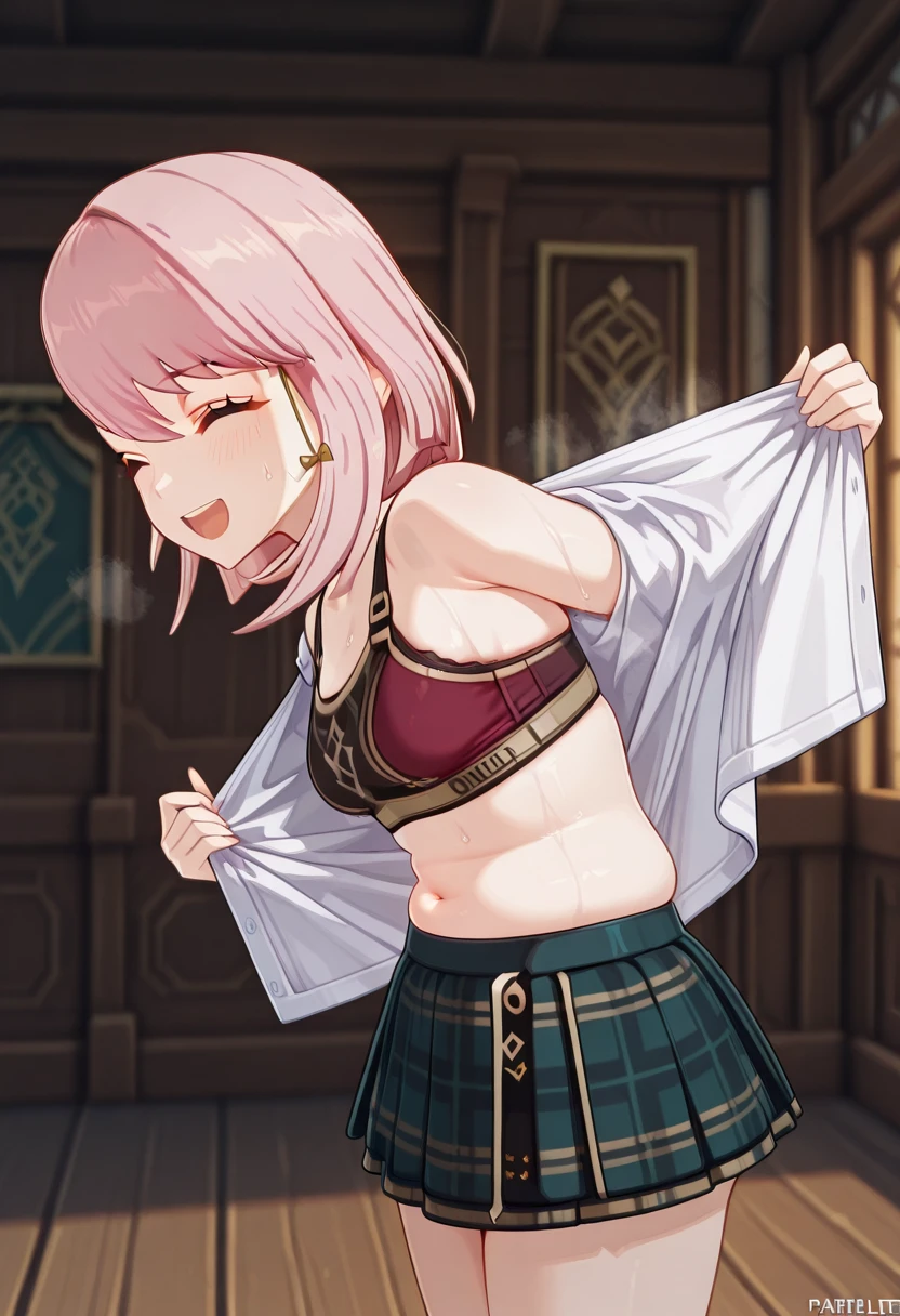 masterpiece, best quality, amazing quality,, <lora:genshin-charlotte-ingame-illustriousxl-lora-nochekaiser:1>, charlotte, charlotte (genshin impact), short hair, pink hair, medium hair, mature female, small breasts, 3d, <lora:undressing-v2-illustriousxl-lora-nochekaiser:1>, undressing, solo, blush, smile, open mouth, shirt, skirt, navel, standing, underwear, white shirt, closed eyes, sweat, pleated skirt, open clothes, teeth, indoors, miniskirt, blurry, bra, plaid, upper teeth only, blurry background, open shirt, ^ ^, plaid skirt, undressing, plump, sports bra, steaming body, belly, embarrassed,, , ,