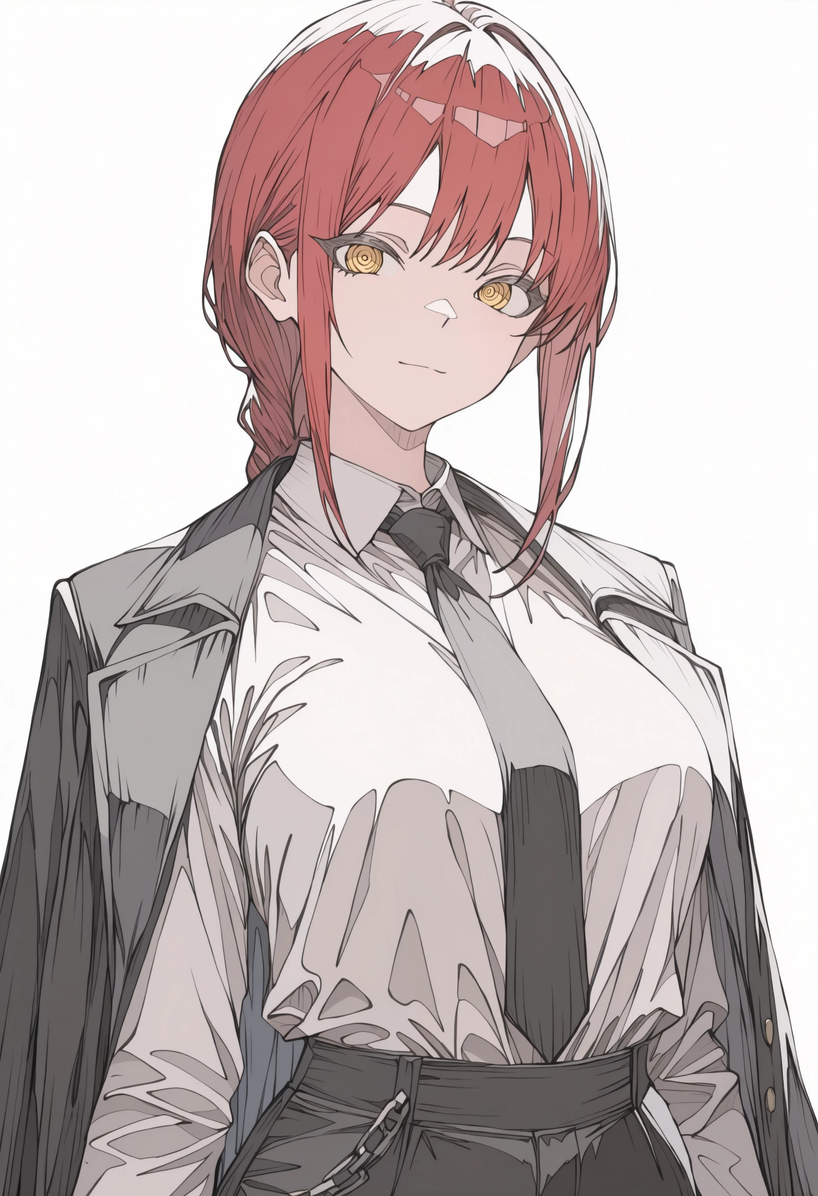 <lora:haruxxxsanekaki-illustriousXL_v01_V3-CAME-000032>, 1girl, makima \(chainsaw man\), solo, ligne claire, white background, long sleeves, breasts, light smile, collared shirt, suit, yellow eyes, single sidelock, red hair, black jacket, suit jacket, medium breasts, bright pupils, open clothes, coat, shirt tucked in, expressionless, upper body, chain, looking at viewer, braid, ringed eyes, white shirt, open coat, black necktie, shirt, jacket, dress shirt, formal, necktie, braided ponytail, collared coat, white pupils, jacket on shoulders, closed mouth,