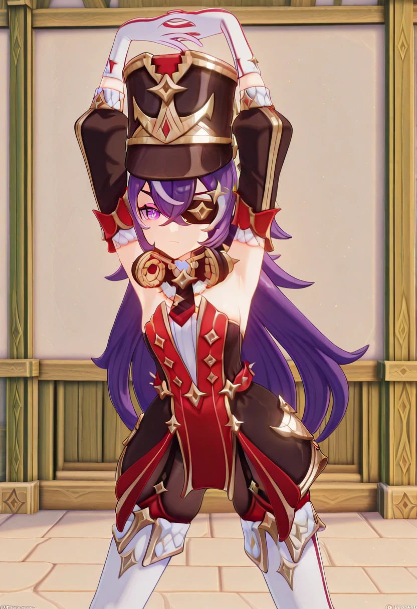 masterpiece, best quality, amazing quality,, <lora:genshin-chevreuse-ingame-illustriousxl-lora-nochekaiser:1>, chevreuse, chevreuse (genshin impact), long hair, bangs, hair between eyes, purple eyes, purple hair, eyepatch, mature female, small , 3d,, <lora:ten-gallon-wiener-illustriousxl-lora-nochekaiser:1>, ten gallon wiener, looking at viewer, standing, arms up, stretching, serious, , upper body, , , solo