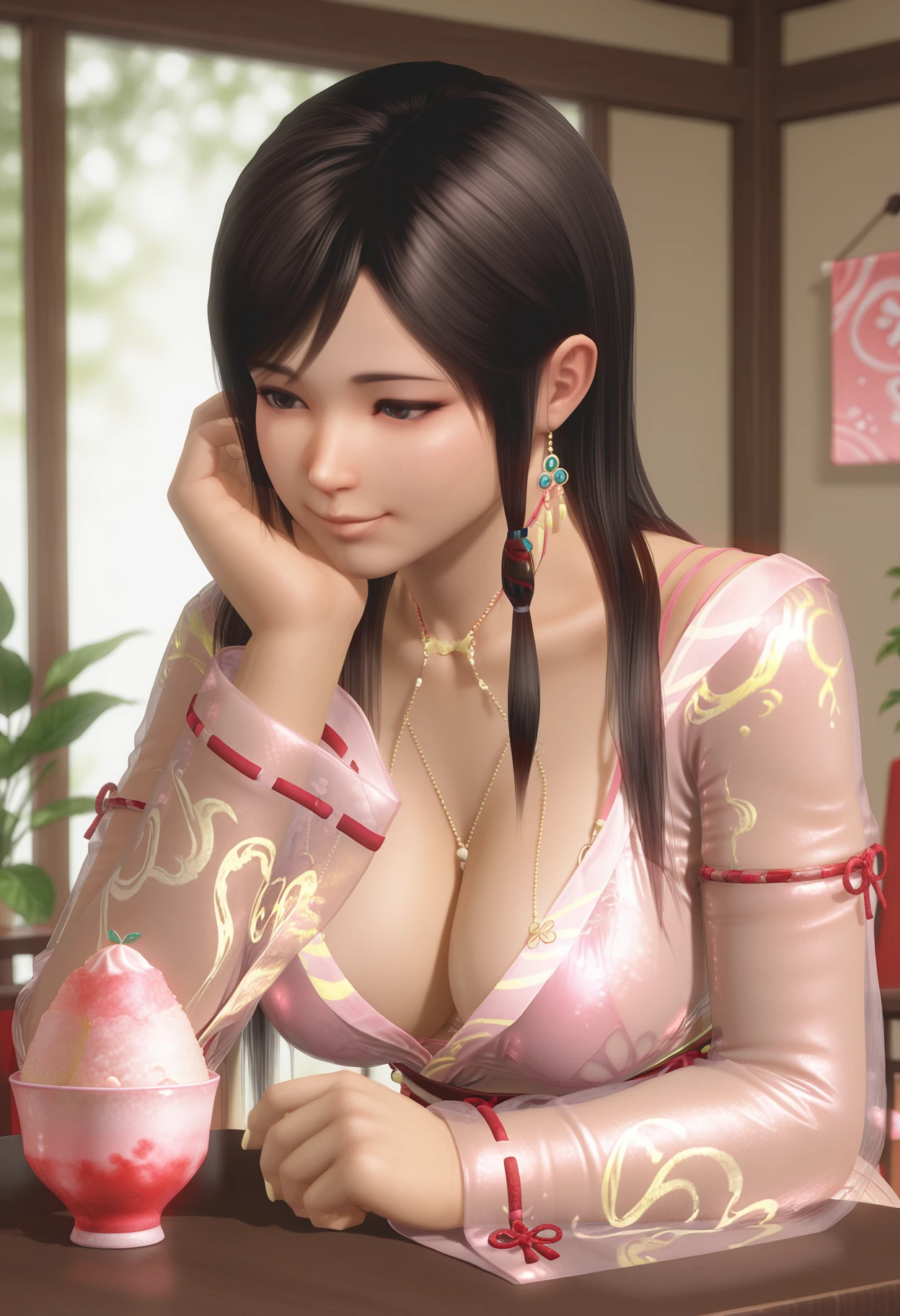 masterpiece,best quality,amazing quality,absurdres,aesthetic,newest,realistic, kokoro \(doaxvv\), 1girl, solo, sitting,elbow rest,head rest, cafe,shaved_ice,dango, on table, black hair, long hair, swept bangs, side-tied hair, brown hair tube, hair over shoulders, half-closed_eyes, naughty_face, light_smile, pink see-through kimono, plunging neckline, side slit kimono, red hollow out bra, pink bra strap, bra visible through clothes, long sleeves, see-through sleeves, ribbon-trimmed sleeves, red knot armlet, upper body,fingers,white nails, medium_breasts, cleavage,collarbone, Japanese dessert shop, wagashi store, tranquil, warm light,plants,sunlight, blurry_background, crowded, <lora:kokoro_longhair_MakeupSapone_il2_v10:0.9>