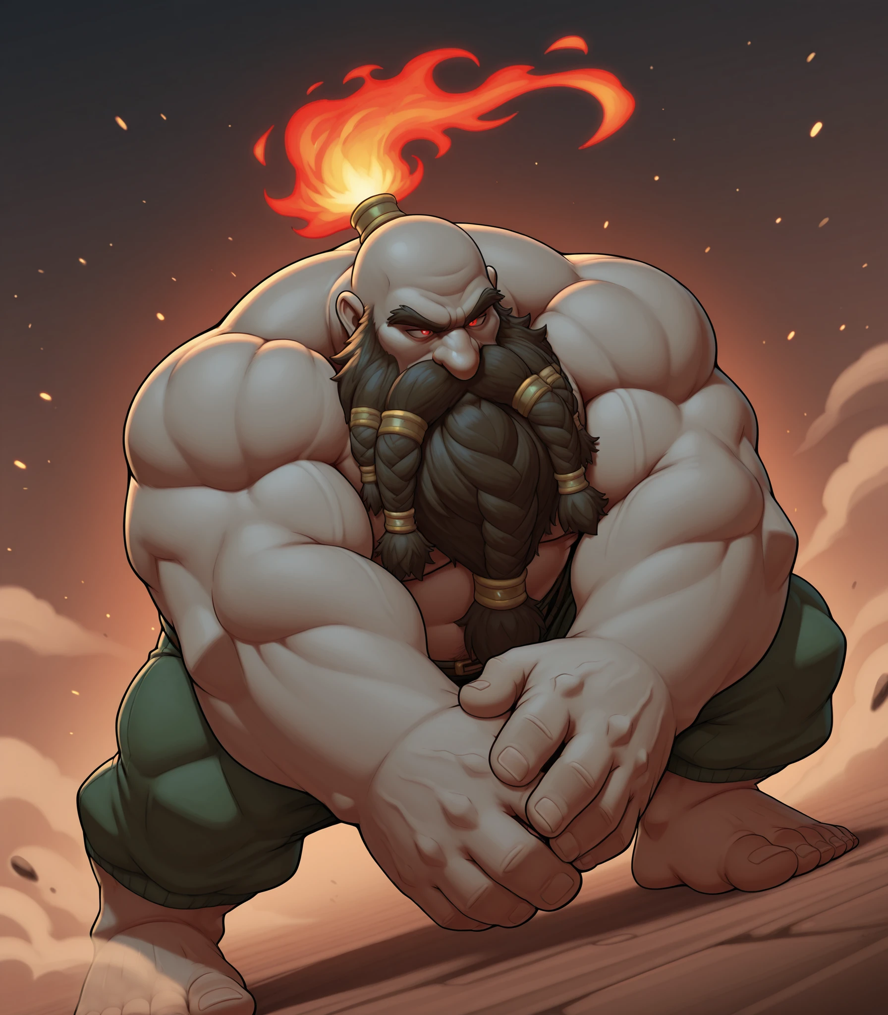 cur53d34rk3d, male, dwarf, solo, bald, flaming ponytail, gray skin, glowing red eyes, black epic dwarven beard, five braids, beard jewelry, braided mustache, waist up view, monk stance, dynamic pose, dust particles, dutch angle, <lora:Dwarven_Epic_Beard:0.8> <lora:cursedmarked_IL:0.8>, masterpiece, best quality, perfect quality, absurdres, newest, very aesthetic, detailed, beautiful, outstanding, countershading,