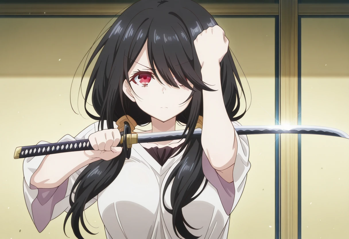 masterpiece, best quality, amazing quality,, <lora:kurumi-tokisaki-s2-illustriousxl-lora-nochekaiser:1>, kurumi tokisaki, black hair, red eyes, long hair, hair over one eye, twintails, low twintails, mature female, , anime screencap, <lora:jin-sakai-sword-cleaning-illustriousxl-lora-nochekaiser:1>, jin sakai sword cleaning, solo, looking at viewer, holding, upper body, weapon, sword, holding weapon, holding sword, katana, arm up, hand up, straight-on, clenched fist,, , ,