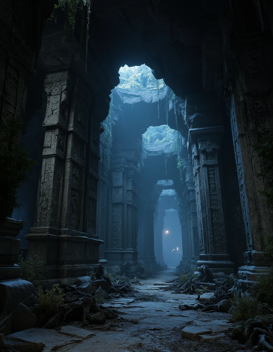 <lora:MW_Dwarven_p1flux:1> MWD01D, crumbled ground, lost forgotten ambiance, E07, black, very dark, low angle view, futurist, dusty, uneven rock ceiling, faint blue light seeping from blue fire torches, slipery pathway along an endless foggy precipice, insanely detailed, carved brutal columns with ancient symbols and dwarven ornaments, very wet, humid, moss hanging, dead vegetation, roots,