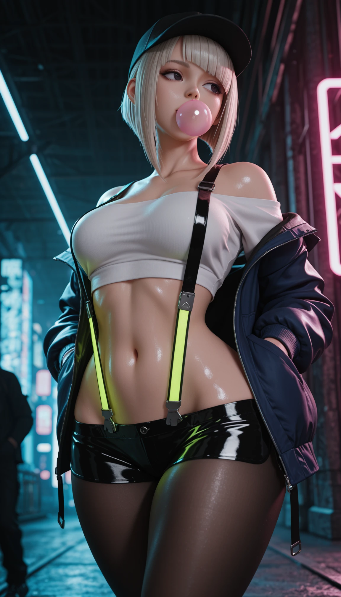 masterpiece, best quality, amazing quality, 4k, very aesthetic, high resolution, ultra-detailed, absurdres, newest, scenery, 3d, rendered, very awa, neon rim light, dark, 1girl, dark eyes, platinum blonde, inverted bob, sidelocks over shoulder, oversized baseball cap, chewing gum, medium breasts, crop top white shirt, midriff, navel, dark blue open jacket, off-shoulder, wide hips, huge butt, thick thighs, skindentation (lowleg:1.2) black latex short shorts, hip dips, black pantyhose, (glowing neon suspenders:1.3), looking away, hands in jacket pockets, walking, arched back, twisty pose, head tilt, wide shot, cowboy shot, from below, dutch angle, dynamic, foreshortening, face focus, fine fabric emphasis, shiny skin, cyberpunk, BREAK, eyes, detailed eyes, depth of field, volumetric lighting