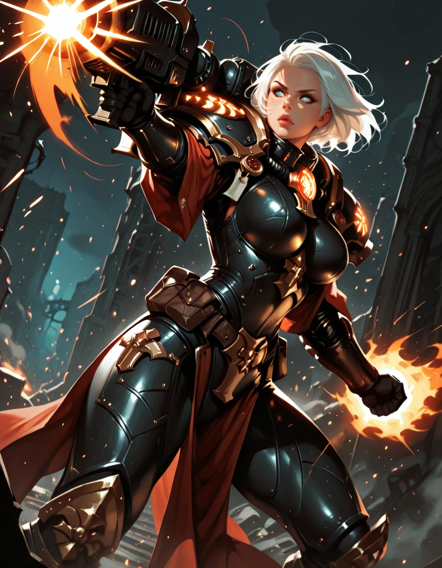 masterpiece,  best quality, 1girl, solo, absurdres, 
large breasts, 
sobattledg, white hair,
armor, shoulder armor, pelvic curtain, tabard, power armor,
dutch angle, **launching upward with a fiery burst, weapon spinning,** ,
attack, battle, fighting stance,
ruins, science fiction, cityscape, fog, night,
glowing, light particles, blurry background,
embedding:SmoothQuality,