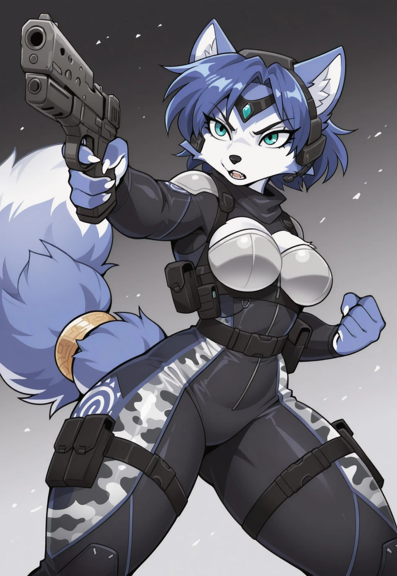 tail, fox l, female focus,)anthro, furry,High resolution, High quality, Ultra-detailed, , Beautyful patterns,,, dynamic pose, foreshortening, extreme perspective, ,stance, , patterns, reversed suit, boobs, tail ring, thicc thighs,stance, attacking ,cowboy shot , white skin camo, tactical harness, bodysuit, tail ring, holding gun , helmet, stance, blue fur, blue hair, Krystal, teal eyes, , chest armor, Krystal Star Fox Adventures, Krystal from StarFox, Krystal McCloud