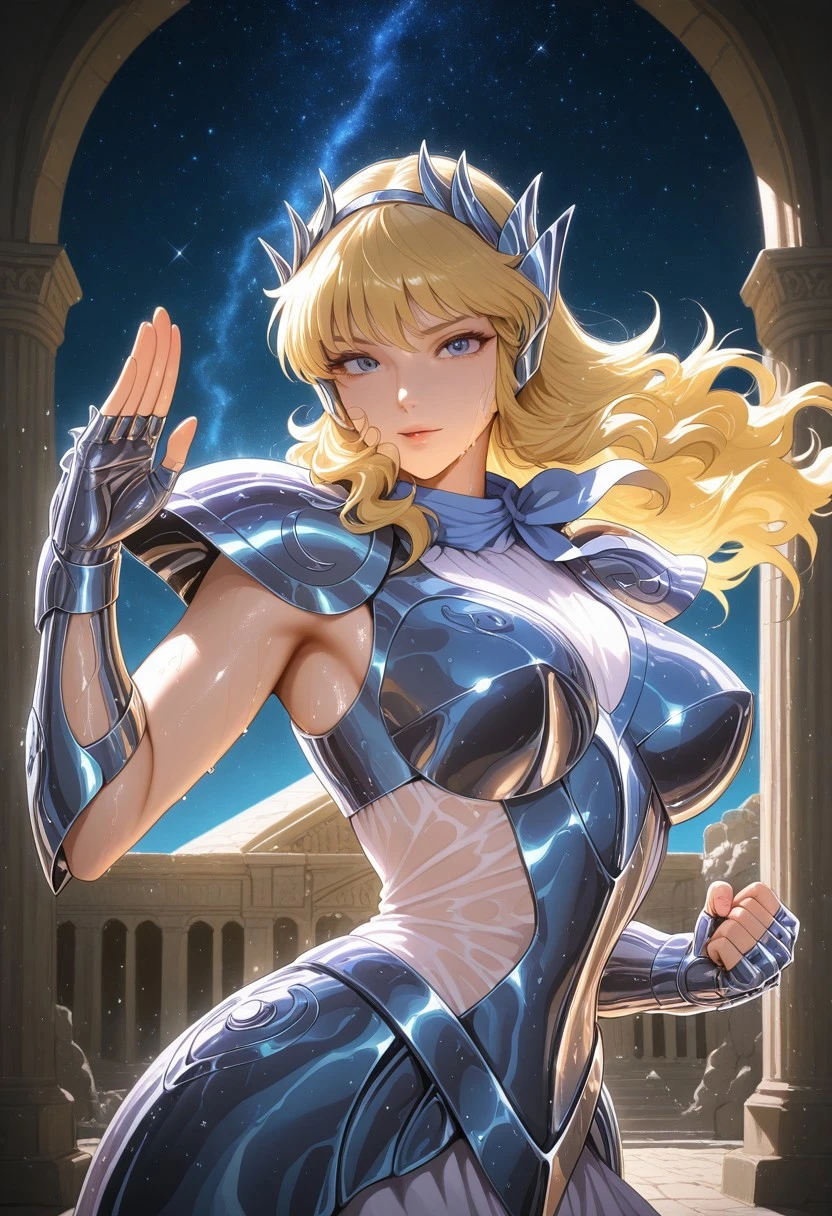Solo,score_9, score_8_up, score_7_up, , best quality, masterpiece, full color, 1girl, long hair, blonde hair, , big breasts, armor, pauldrons, circlet, fingerless gloves, stern, sweaty, , blue eyes, , looking at viewer, in a Greek temple, starry sky, ethereal dolphin visible in the night sky, saint Seiya style ,sweaty, realistic, high quality, best quality, absurdres, joyful, fighting stance