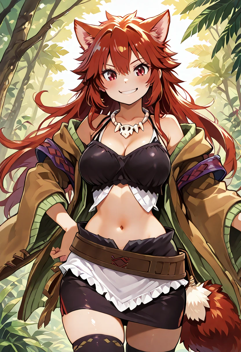 masterpiece, best quality, solo, curvy, beautiful eyes, narrow waist, wide hips, 1girl, solo, smile, looking at viewer, aged up, large breasts, zzHiita, red eyes, red hair, long hair, white shirt, open clothes, spaghetti strap, navel, thighhighs, wide sleeves, black skirt, belt, <lora:HiitaYugioh_IXL:1.0>, , smile, looking at viewer, cowboy shot, large breasts, wild, zzSavage, animal ears, bone necklace, tribal, animal print, midriff, tail, <lora:SavageNAI:1.0>,
