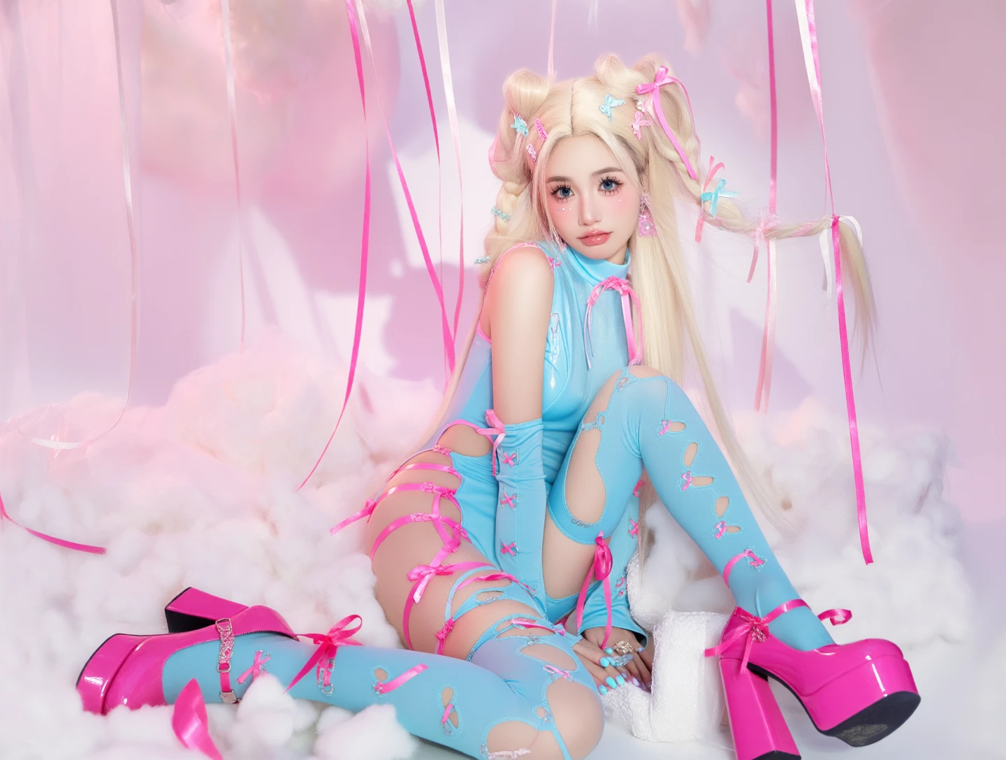 WAN2.2 T2V Blonde short hair, blue one-piece , knee-high stockings, pink high heels v1.0