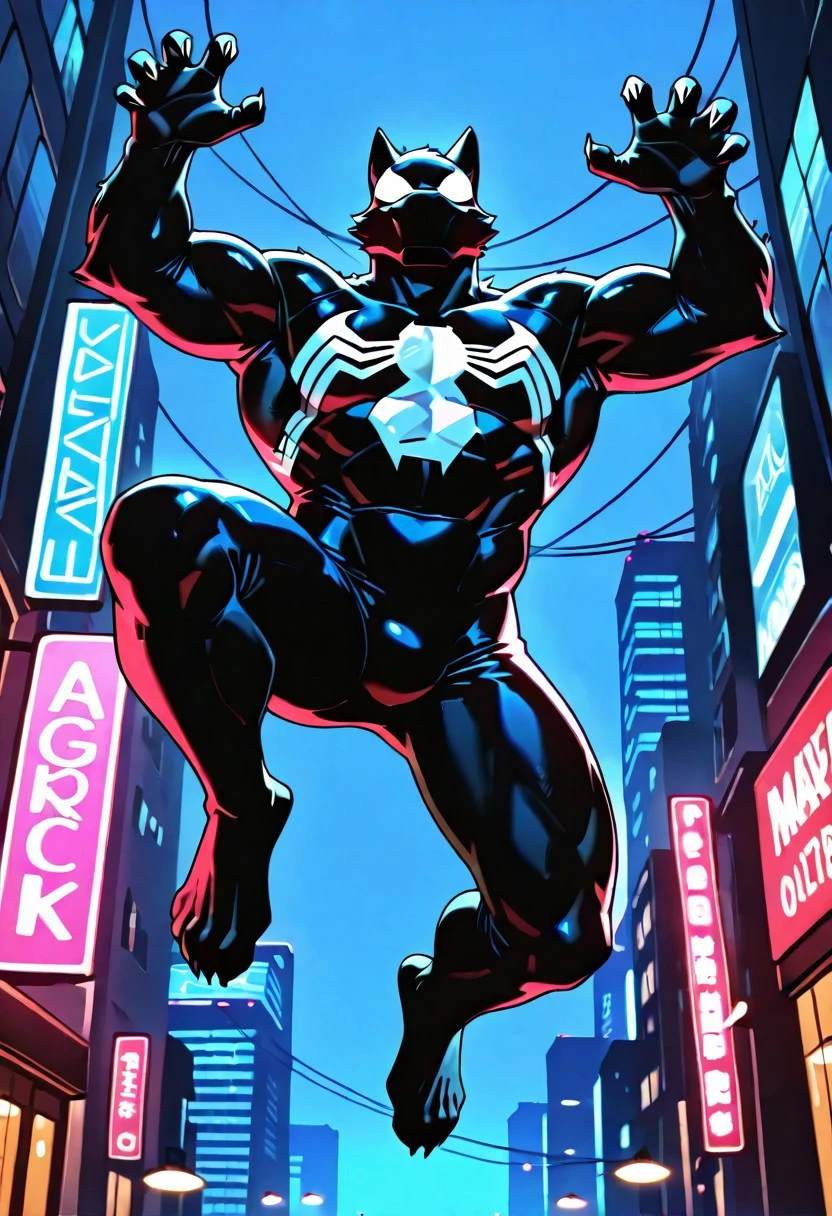 tasspidersymbIL/(marvel)/, symbiote, bodysuit, blacksuit, mask, spiderprint, whiteprint, muscular, 1boy, solo,
ArgoIL, solo, male, anthro, wolf, muscular, bara, claws, paws,
front view, superhero pose, jumping,
4k, best quality, highly detailed, lights details, high resolution, high quality, perfect quality
masterpiece, best quality, amazing quality, very aesthetic, highres, absurdres
night, city,
4k, best quality, highly detailed, lights details, high resolution, high quality, perfect quality, vivid color, vibrant, highly detailed,