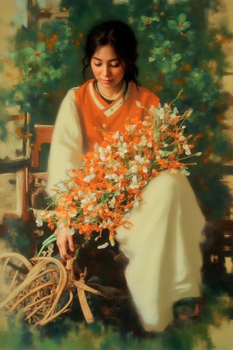 In the style of Michael Dudash, the painting portrays a young woman seated gracefully on a chair in a lush garden, her loose curls framing her face as she wears an orange blouse paired with a white skirt. She delicately holds a bouquet of orange and white flowers, while a woven basket rests on the ground beside her. The garden blooms vibrantly around her with greenery and blossoms, and the serene atmosphere is heightened by loose, expressive brushstrokes, vivid color contrasts, and the artist’s signature placed subtly near her foot.
