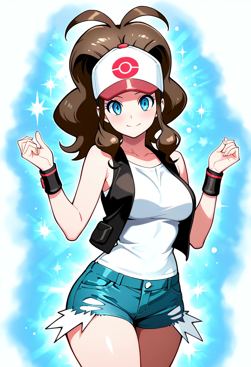 masterpiece, best quality, solo, curvy, beautiful eyes, narrow waist, wide hips, 1girl, solo, smile, looking at viewer, <lora:PokemonCardJungle_IXL:1.0>, holographic,BREAK, zzHilda, blue eyes, long hair, high ponytail, sidelocks, hat, collarbone, white shirt, black vest, sleeveless, wristband, short shorts, denim shorts, exposed pocket, <lora:HildaPokemonIXL_e08:1.0>,