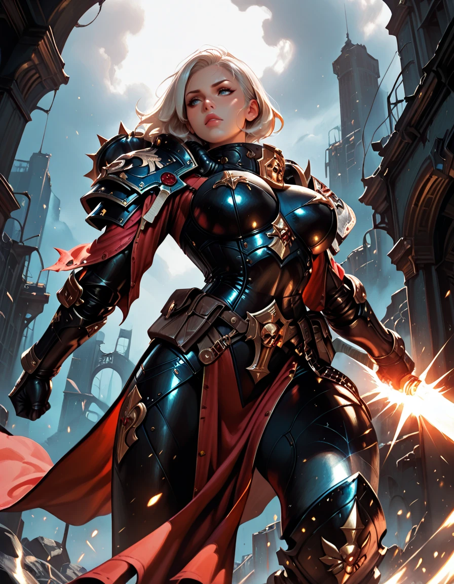 masterpiece, best quality, 1girl, solo, absurdres,
large breasts,
sobattledg,
armor, shoulder armor, pelvic curtain, tabard, greaves, power armor,
from below, **midair somersault while slashing downward with twin blades,** ,
attack, battle, fighting stance,
ruins, science fiction, cityscape, fog,
glowing, light particles, blurry background,
embedding:SmoothQuality,