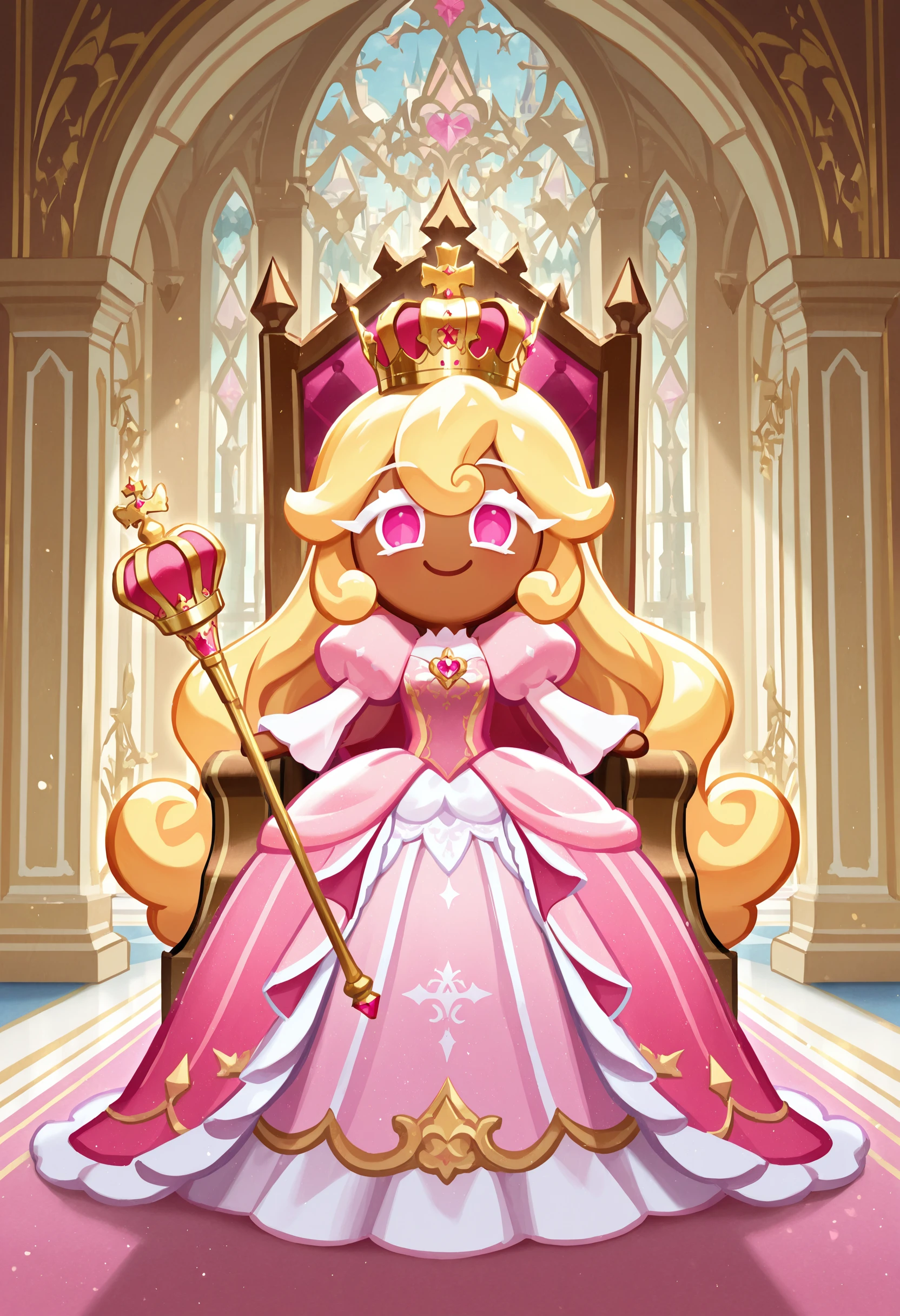 (masterpiece),(best quality),(ultra-detailed),very aesthetic,absurdres,  newest,scenery, solo, palace, indoors
<lora:Cookie_Run_Kingdom_Splash_Art_style:1> chibi, crkspl
dark skin
throne, smile
1girl , long hair, blonde hair, curly hair, pink dress, princess, scepter, crown, pink eyes
looking at viewer,
white eyelashes
no nose
no pupils
no fingers, hands
food