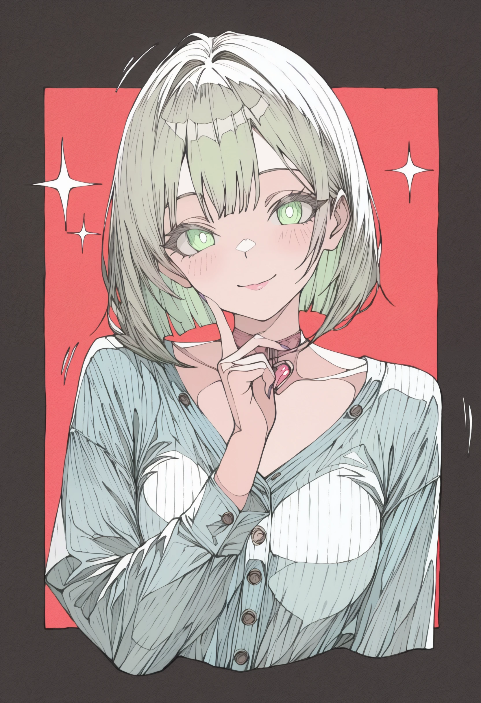 <lora:haruxxxsanekaki-illustriousXL_v01_V3-CAME-000032>, 1girl, solo, ligne claire, motion lines, hair over shoulder, long sleeves, vertical-striped shirt, glowing eyes, pink lips, upper body, eyelashes, shirt, heart collar, blunt ends, looking at viewer, buttons, glowing, collarbone, blue shirt, finger to cheek, nail polish, vertical-striped clothes, cropped torso, green hair, striped shirt, purple nails, two-tone background, black background, bob cut, green eyes, light blush, fingernails, pink eyes, medium hair, head tilt, straight-on, sparkle, striped clothes, hand to own mouth, white pupils, hand up, smile, closed mouth, red background, bright pupils,